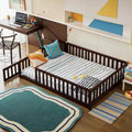 PVWIIK Full Size Floor Bed with Fence and Door,Easy to Assemble Wood Bedstead,Platform Bed w/Safety Guardrails/Near the Ground,Espresso