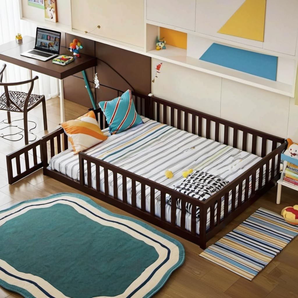 PVWIIK Full Size Floor Bed with Fence and Door,Easy to Assemble Wood Bedstead,Platform Bed w/Safety Guardrails/Near the Ground,Espresso