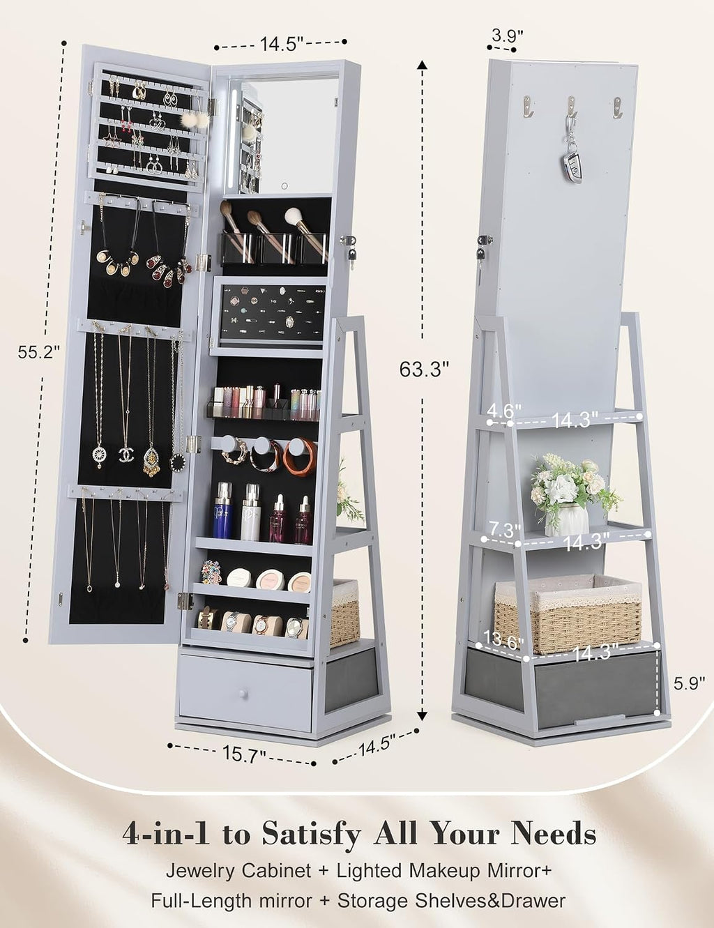 Nicetree 360° Swivel Jewelry Cabinet with Lights, Mirror Jewelry Cabinet Standing, Interior Vanity Mirror, Rotatable Full Length Mirror with Jewelry Storage, Standing Jewelry Armoire Organizer, Grey