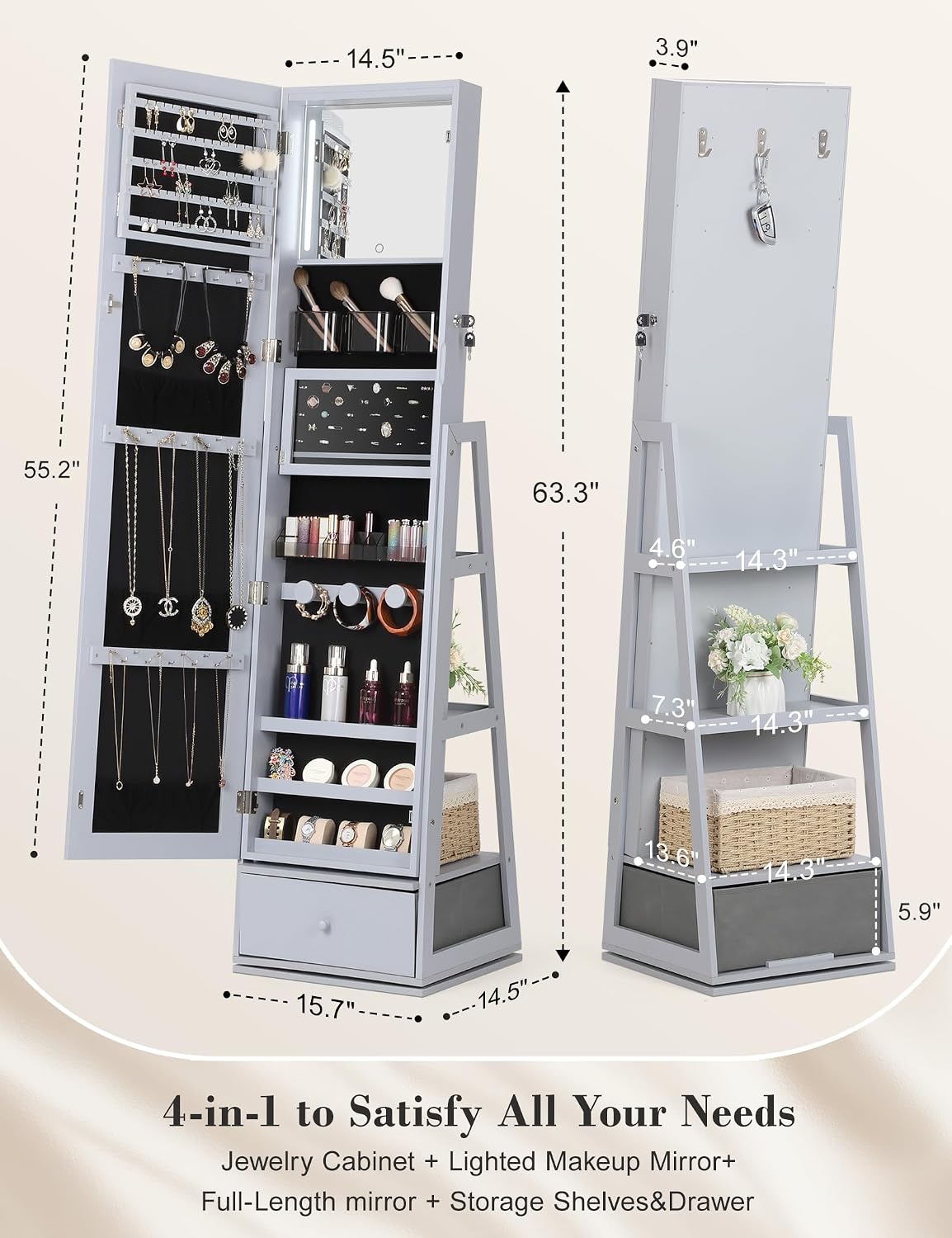 Nicetree 360° Swivel Jewelry Cabinet with Lights, Mirror Jewelry Cabinet Standing, Interior Vanity Mirror, Rotatable Full Length Mirror with Jewelry Storage, Standing Jewelry Armoire Organizer, Grey