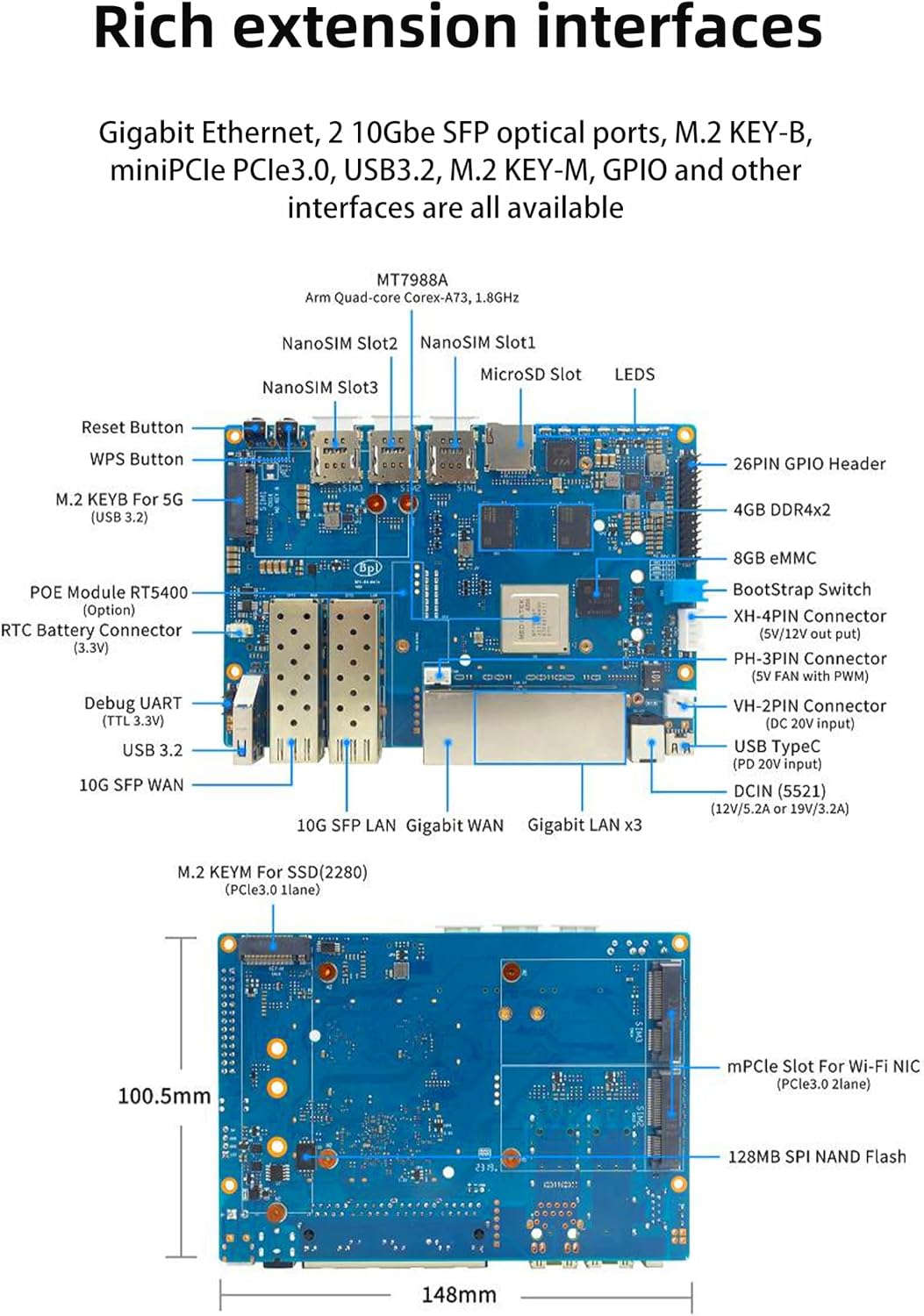 youyeetoo Banana Pi BPI-R4 WiFi 7 Router/Openwrt Router Development Board - Fully Assembled, Use Out of The Box, MediaTek MT7988A Chip, 4GB RAM, 8GB eMMC, 2X 10Gbe SFP Slots, 4X Gbe Ports, Metal Case