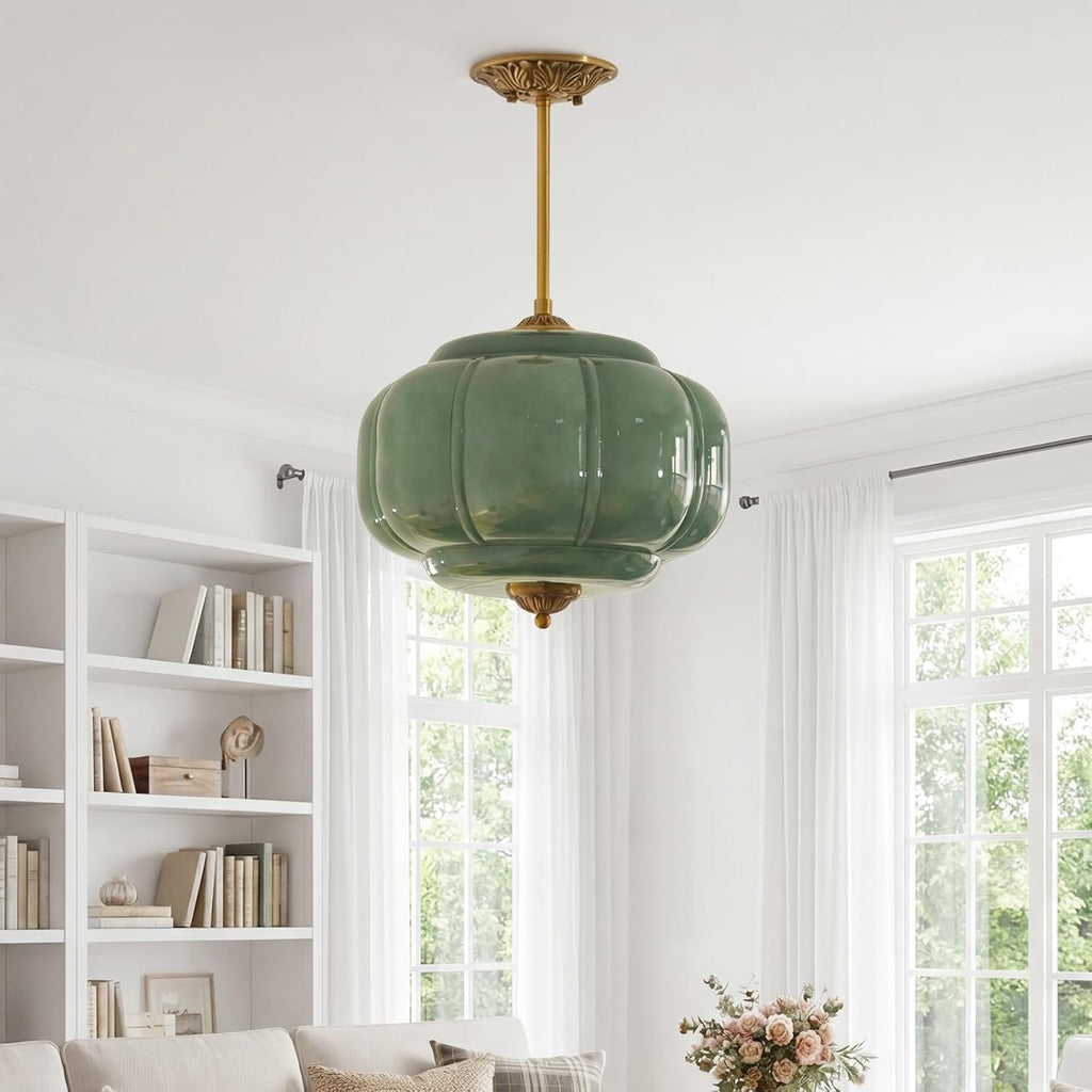 Milk Glass Ceiling Light Fixture - Antique Brass Semi Flush Mount Pendant Light for Kitchen, Hallway, and Bedroom (Green 15 inch)
