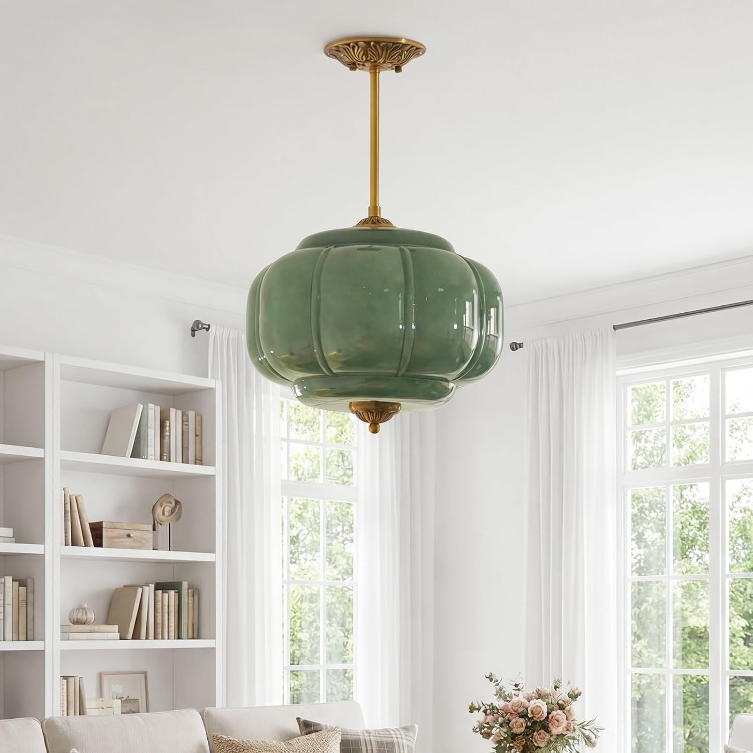 Milk Glass Ceiling Light Fixture - Antique Brass Semi Flush Mount Pendant Light for Kitchen, Hallway, and Bedroom (Green 15 inch)