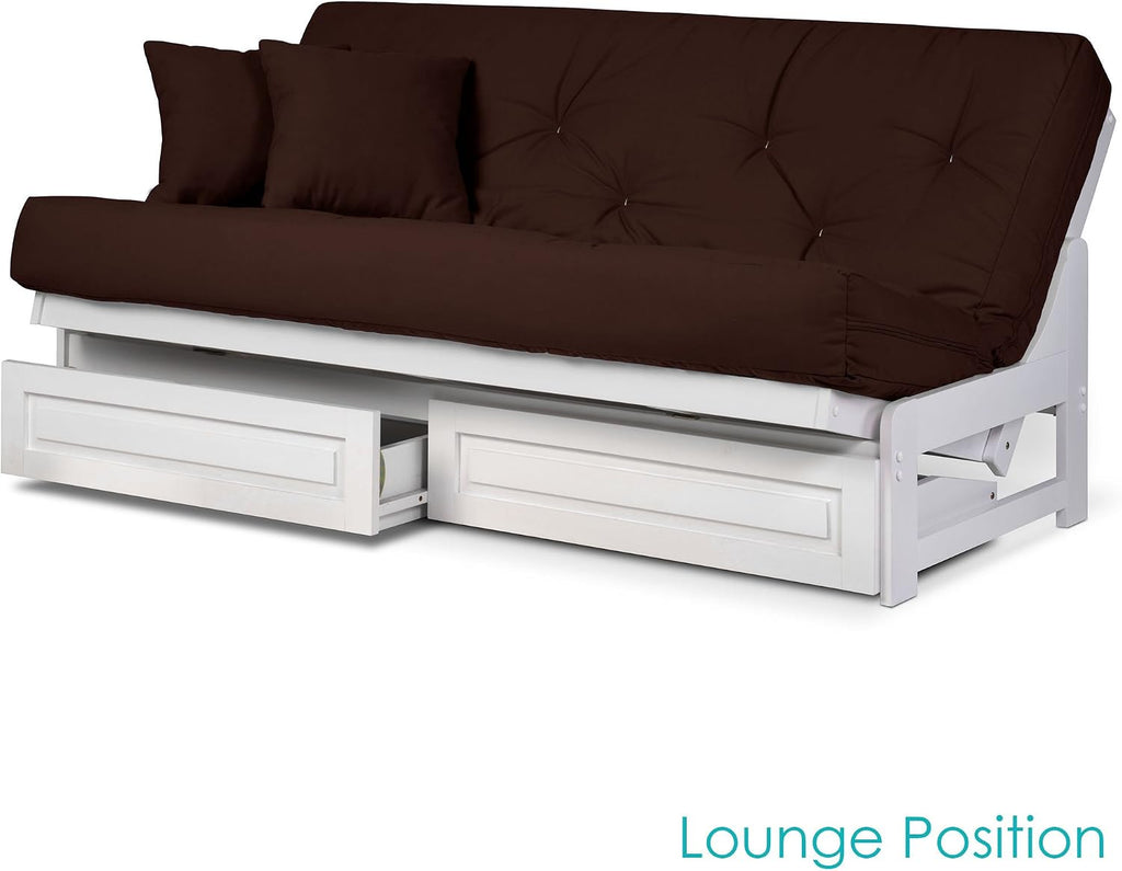 Nirvana Futons Arden Armless Futon Set with Storage Drawers - Includes White Full Size Frame and Microfiber Fudge Mattress