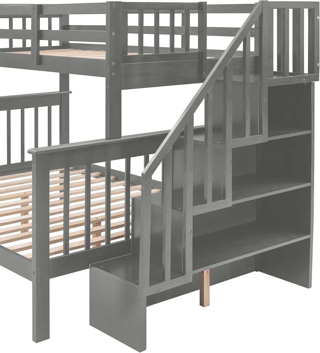 Merax Twin-Over-Full Stairway Bunk Bed with Drawer, Storage and Guard Rail for Bedroom, Dorm, for Adults (Grey)