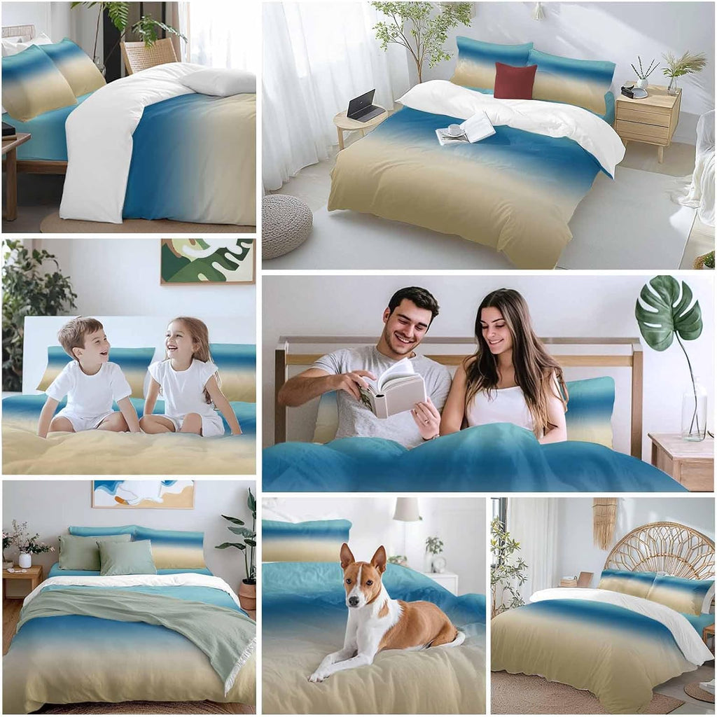Prime Leader Gradient Blue Duvet Cover Set Queen Size 4 Pieces Modern Minimalist Blue Brown Ocean Beach Bedding Set with Zipper Closure, 1 Comforter Cover 90x92 Inches 1 Flat Sheet & 2 Pillow Cases