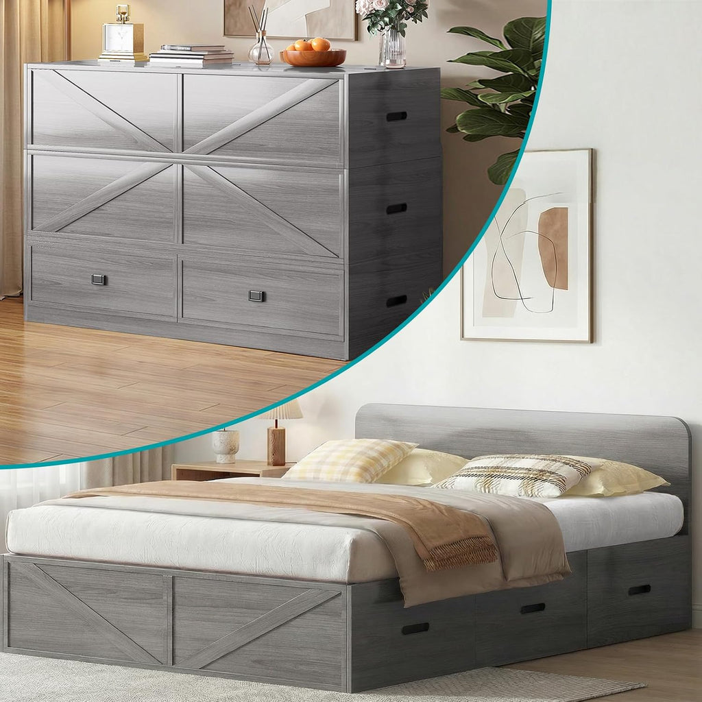 BALUS Murphy Cabinet Bed with Memory Foam Mattress Included, Queen Size Cube Cabinet Bed with 2 Storage Drawers, 3-in-1 Convertible Sofa Furniture Sets for Guest Room Apartment Living Room, Grey