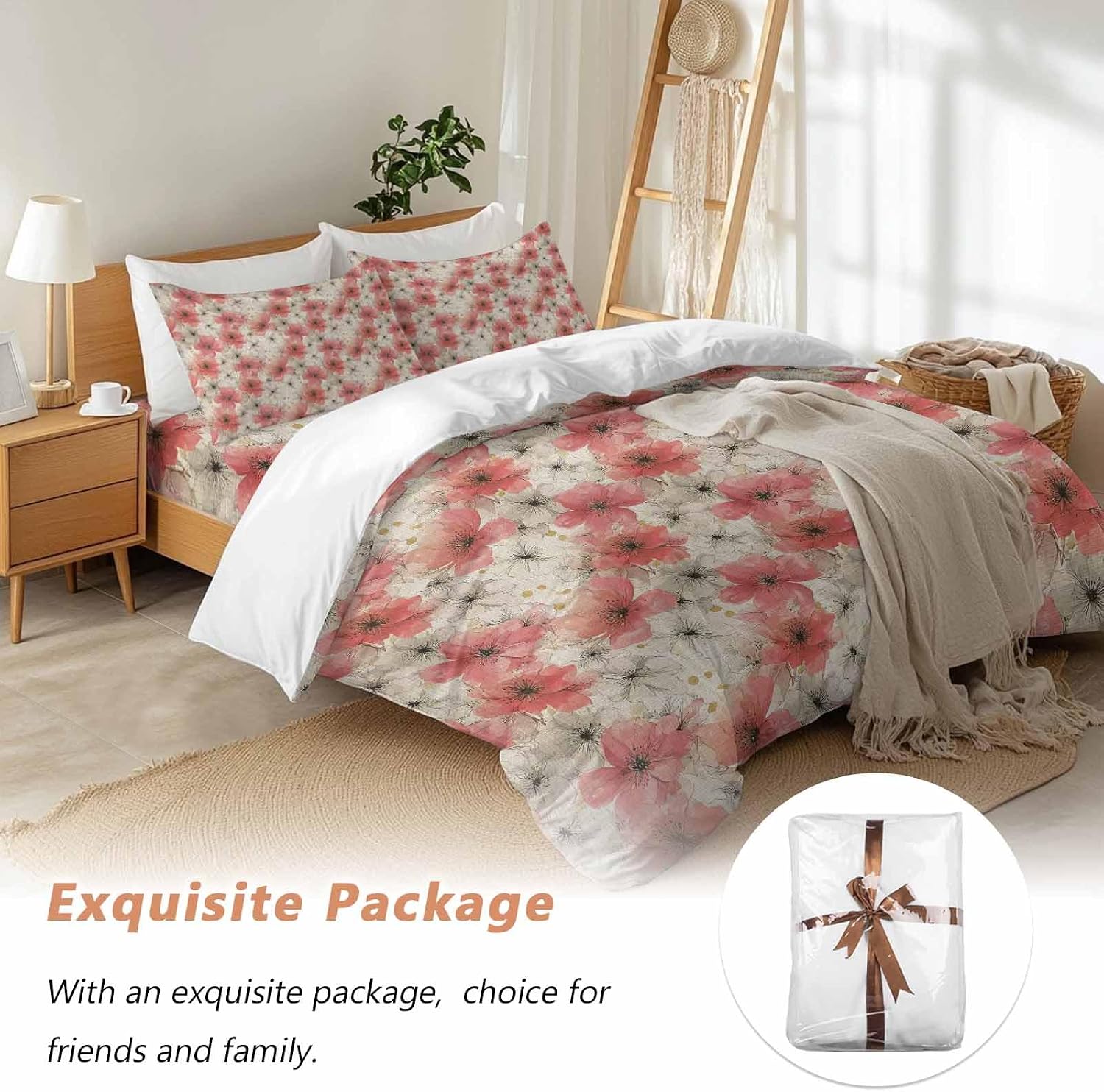 Spring Florals Duvet Cover Set Queen Size 4 Pieces Red White Floral Vintage Water Ink Painting Bedding Set with Zipper Closure, 1 Comforter Cover 92x106 Inches 1 Flat Sheet & 2 Pillow Cases