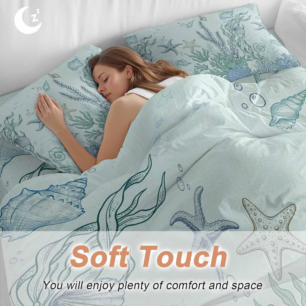 Marine Life Duvet Cover Set Queen Size 4 Pieces Starfish Coral Blue Shell Ocean Summer Green Bedding Set with Zipper Closure, 1 Comforter Cover 92x106 Inches 1 Flat Sheet & 2 Pillow Cases