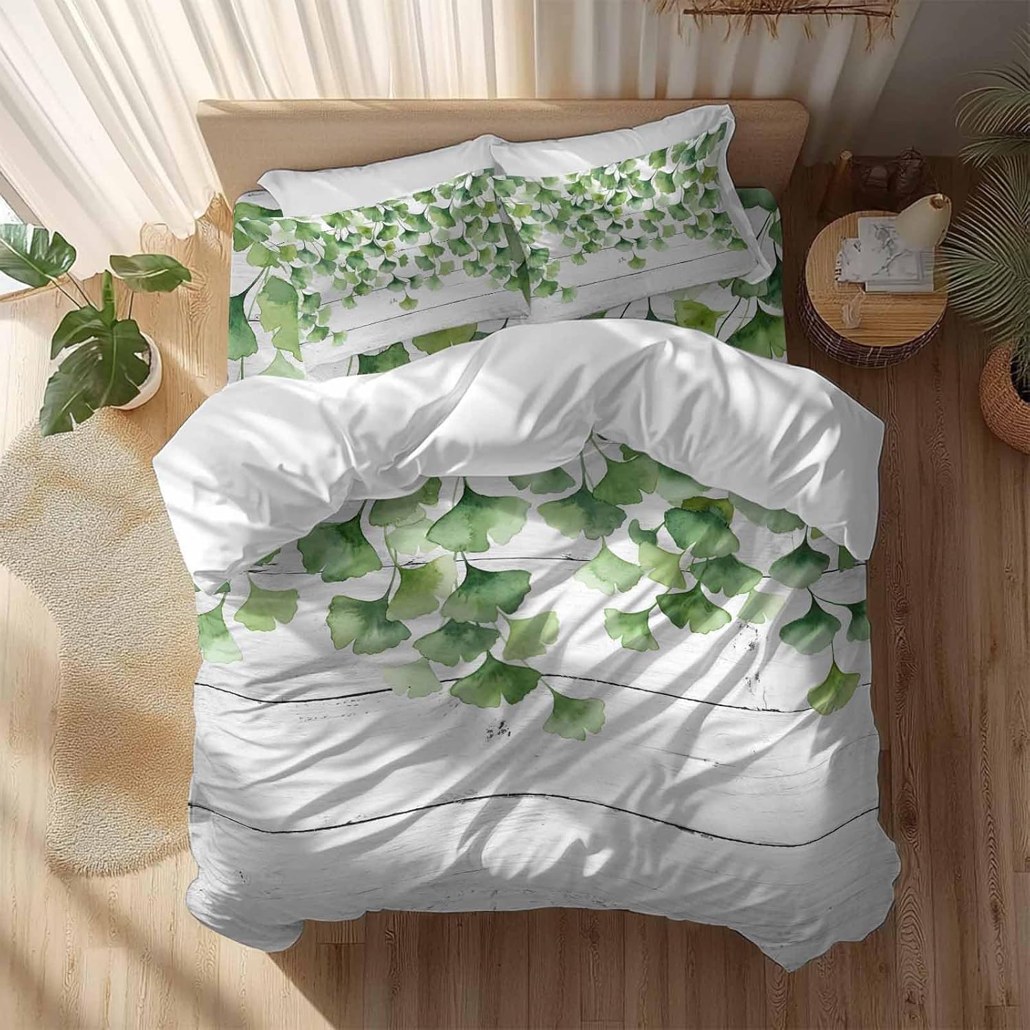 Summer Botanical Duvet Cover Set Queen Size 4 Pieces Watercolor Gradient Green Leaves White Wood Grain Bedding Set with Zipper Closure, 1 Comforter Cover 92x106 Inches 1 Flat Sheet & 2 Pillow Cases