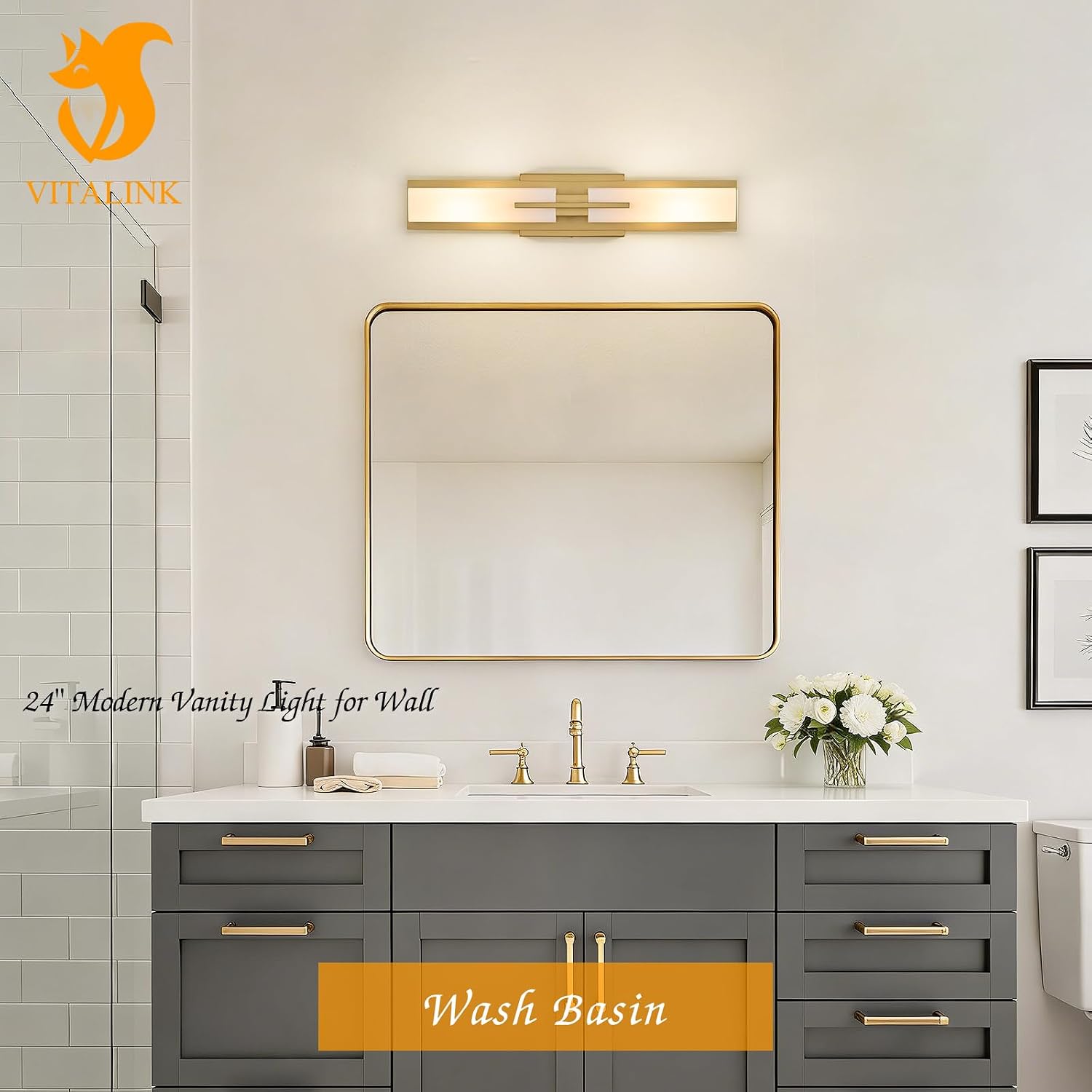 VitaLink Gold Vanity Light, 24' Modern Bathroom Wall Light Over Vanity Mirror 2-Light Hardwired Milky White Glass Wall Light for Bedroom Living Room Dining Room Hallway