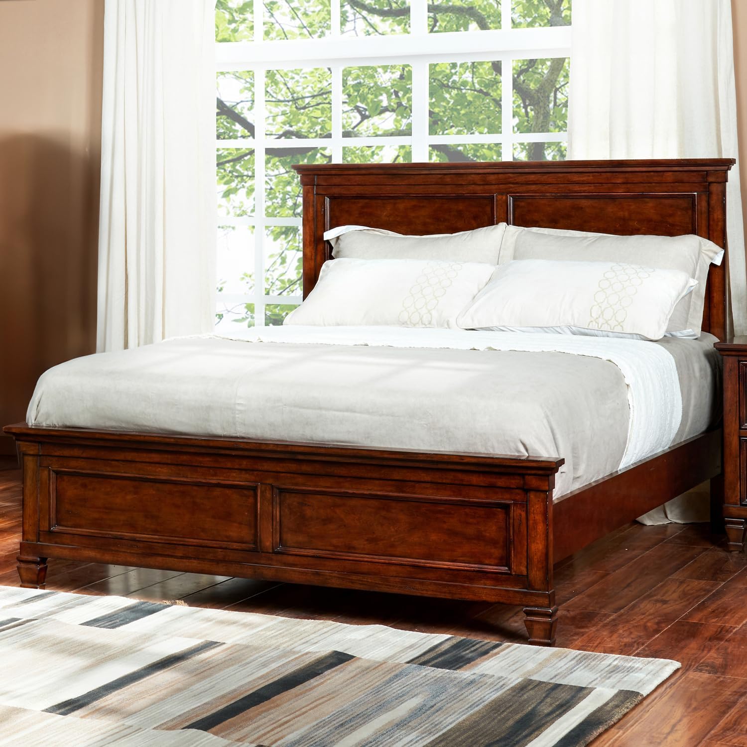 HomeStock Wood Panel Bed with Headboard - Modern Bedroom Furniture Queen/Cherry Brown