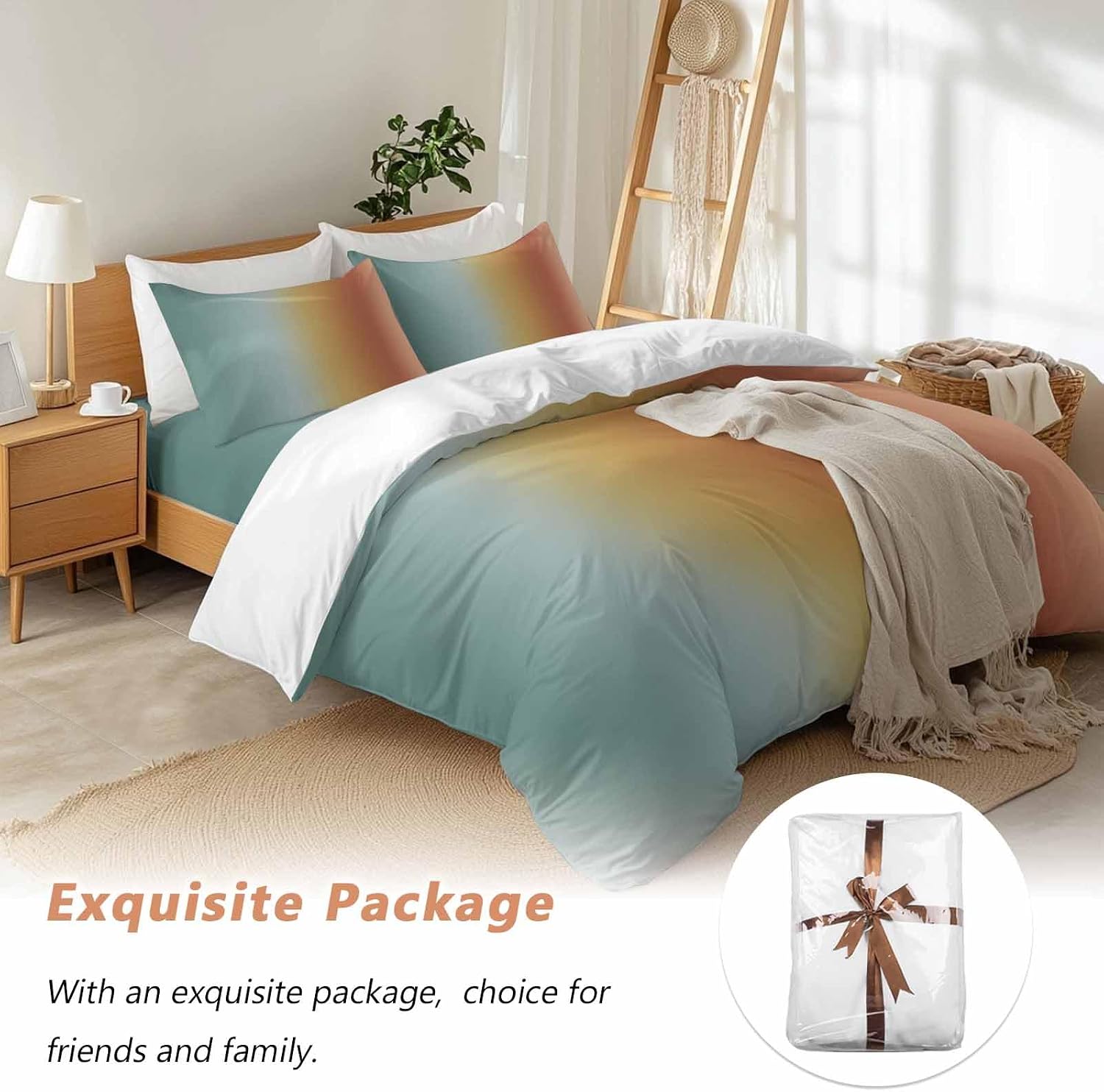 Gradient Blue Red Duvet Cover Set Queen Size 4 Pieces Modern Abstract Minimalist Yellow Orange Ocean Beach Bedding Set with Zipper Closure, 1 Comforter Cover 86x86 Inches 1 Flat Sheet & 2 Pillow Cases