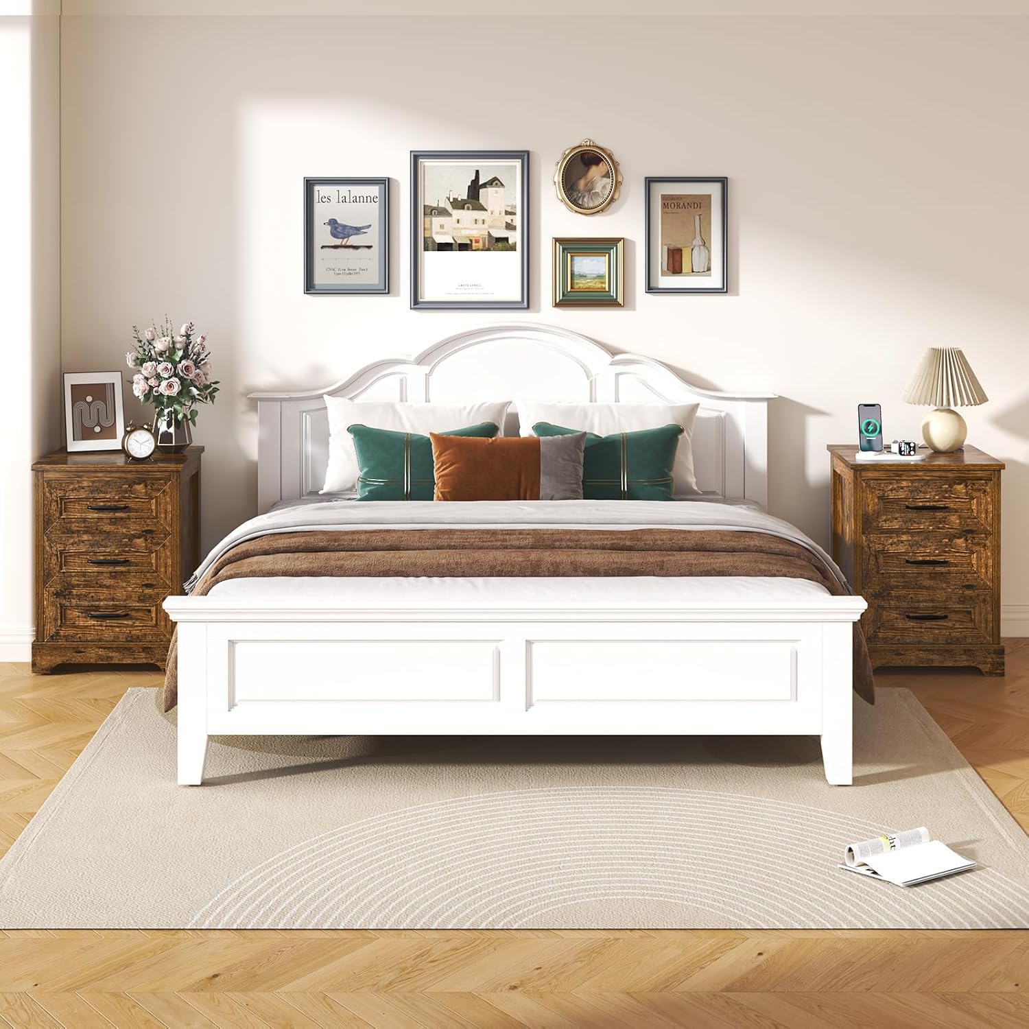 Farmhouse Nightstand with Charging Station- Wood Night Stand Set 2, 3 Drawer Nightstands Set of 2, Bedside Table with Storage, Rustic Night Stands for Bedroom, Closet, 18' Wide, 24' Tall