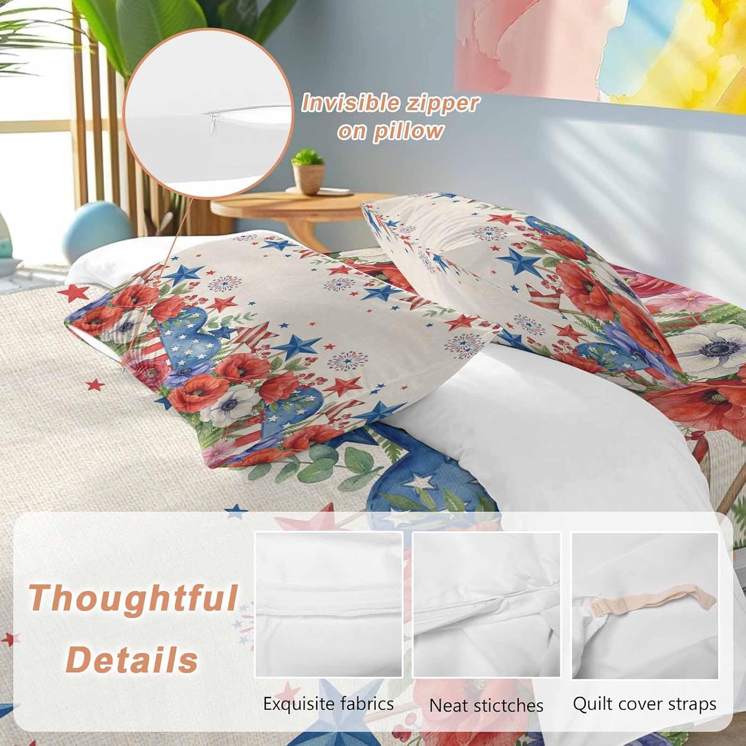 Independence Day Duvet Cover Set Queen Size 4 Pieces Blue Red White Floral Flower Love Heart Retro Bedding Set with Zipper Closure, 1 Comforter Cover 92x106 Inches 1 Flat Sheet & 2 Pillow Cases