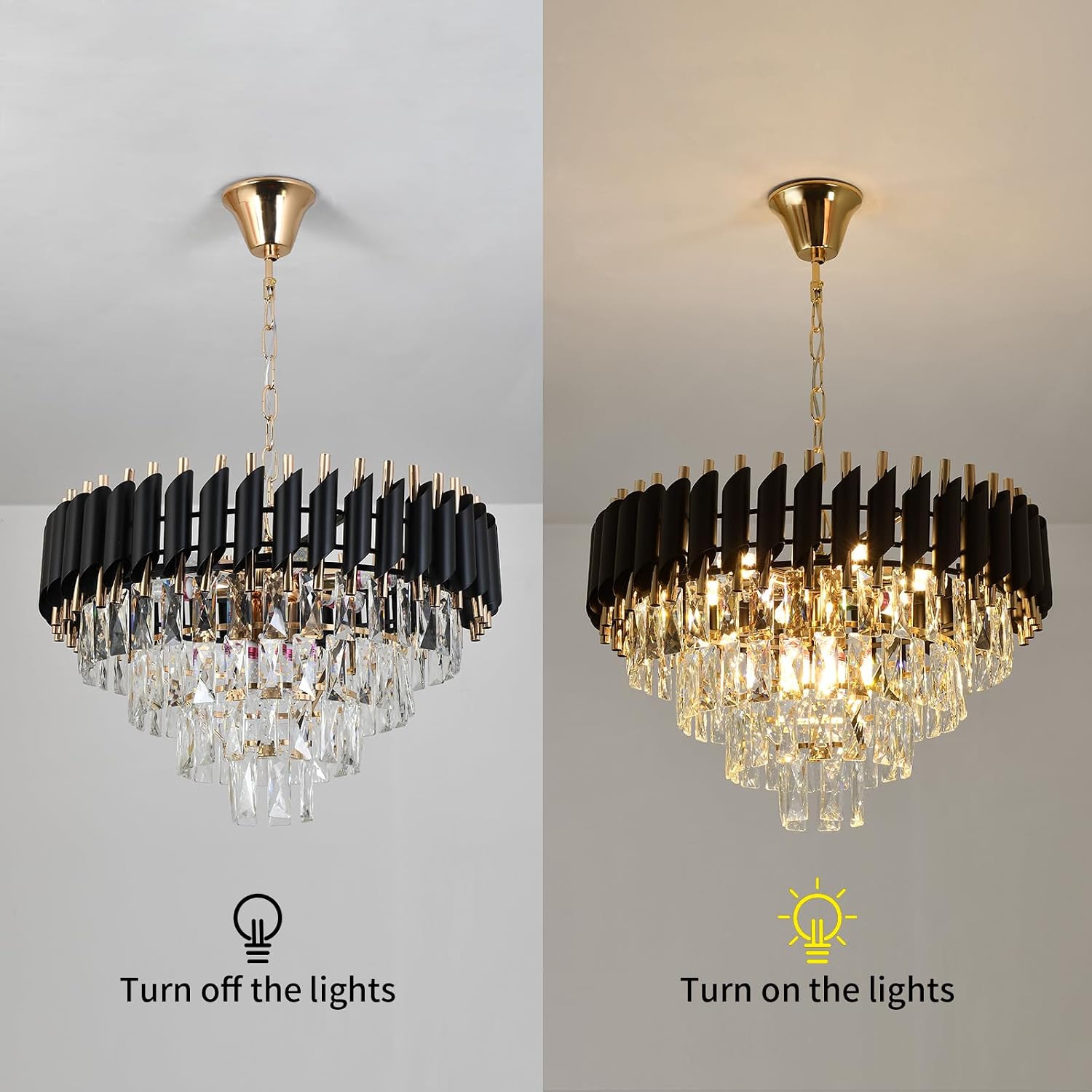 Modern Crystal Chandelier, 9-Light Black and Gold Round Pendant Light Fixture, 23.6' Luxury Hanging Ceiling Light for Dining Room, Living Room, Kitchen Island, Bedroom, Entryway, E12 Base