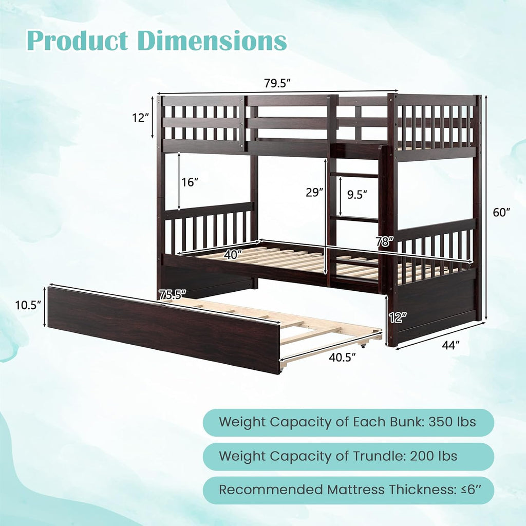 MAT EXPERT Twin Over Twin Bunk Bed with Trundle, Solid Wood Bunk Bed Frame w/Ladder, Slats & Rail, Convertible Twin Size Platform Bed for Kids, Space-Saving Bunk Beds for Bedroom Dorm (Espresso)