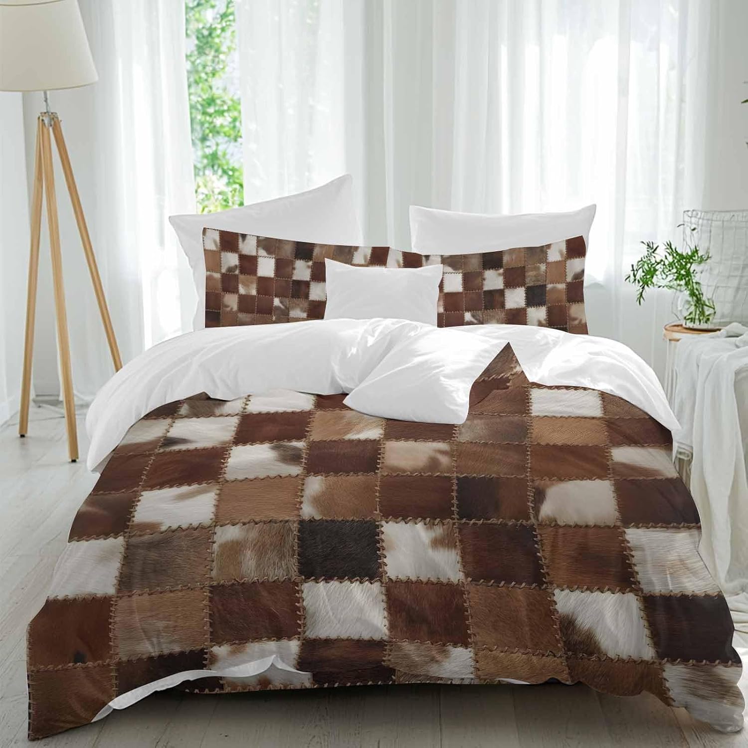 Abstract Plaid Duvet Cover Set Queen Size 4 Pieces Dark Brown Checkerboard Stitching Texture Patchwork Bedding Set with Zipper Closure, 1 Comforter Cover 90x92 Inches 1 Flat Sheet & 2 Pillow Cases