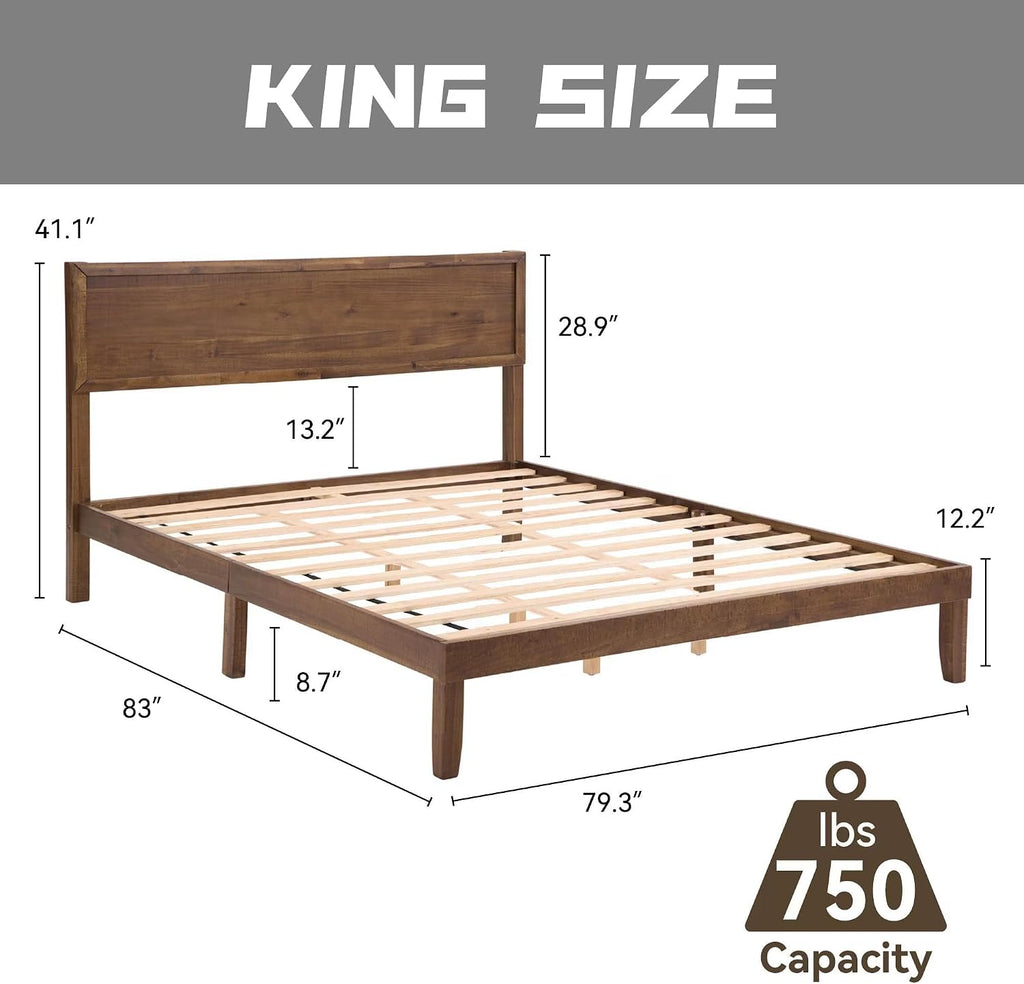 Full Size Solid Wood Platform Bed Frame - Premium Rubber Wood Reinforced Thickened Support, Load-Bearing, Modern Headboard Design, Tool-Free Assembly Bedroom Furniture Set,Brown (King)