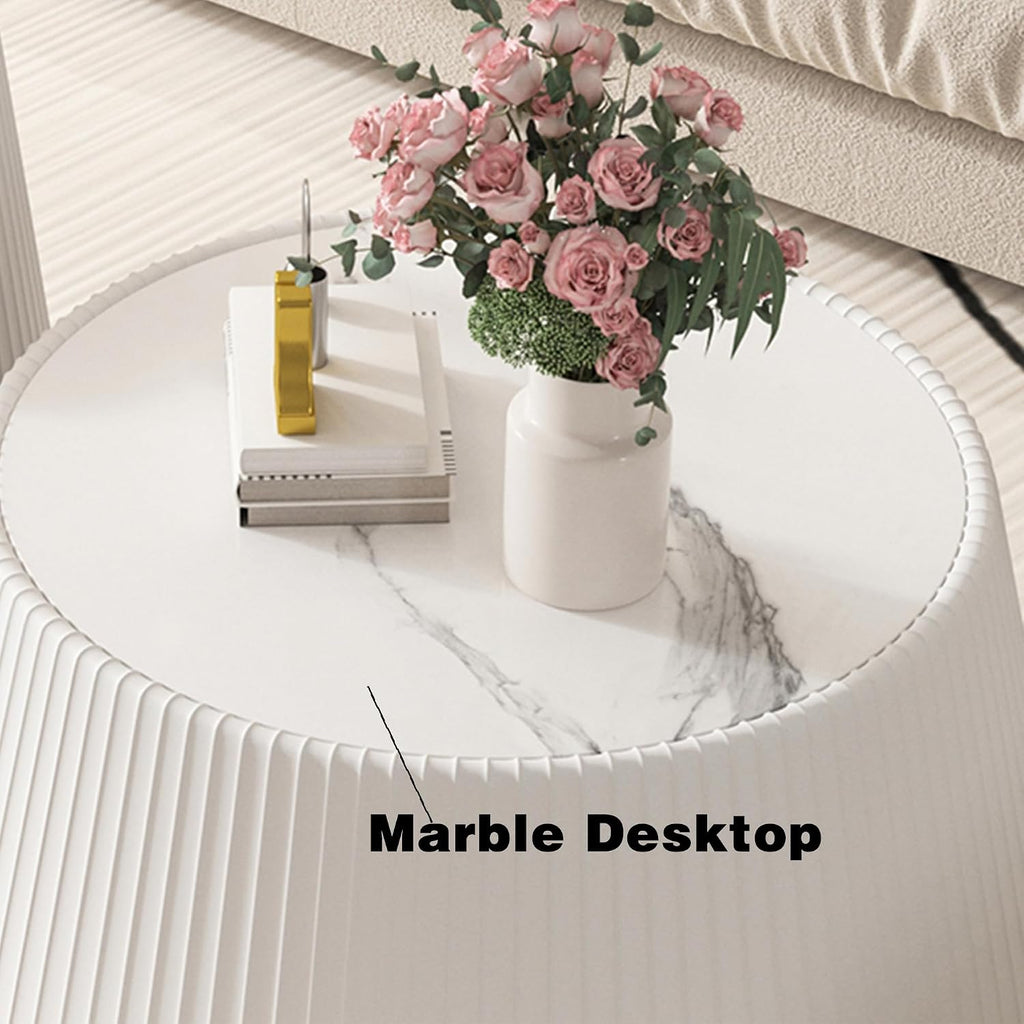 26.77' White Round Coffee Table, Drum Coffee Table with Sintered Stone Tabletop and Fluted PU Leather Covered and Stable Base, Circle Cocktail Tea Table for Living Room