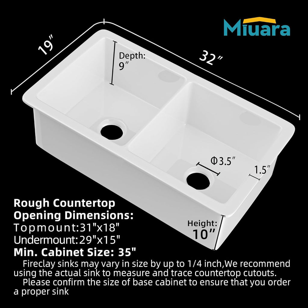 Miuara White Undermount Kitchen Sink 32 Inch Double Bowl 50/50 - Topmount Fireclay Drop In Sink 32'x19'x10', Dual Mount, Heavy Duty Dual Basin, with 4 Custom Accessories, Glossy White, for Kitchen
