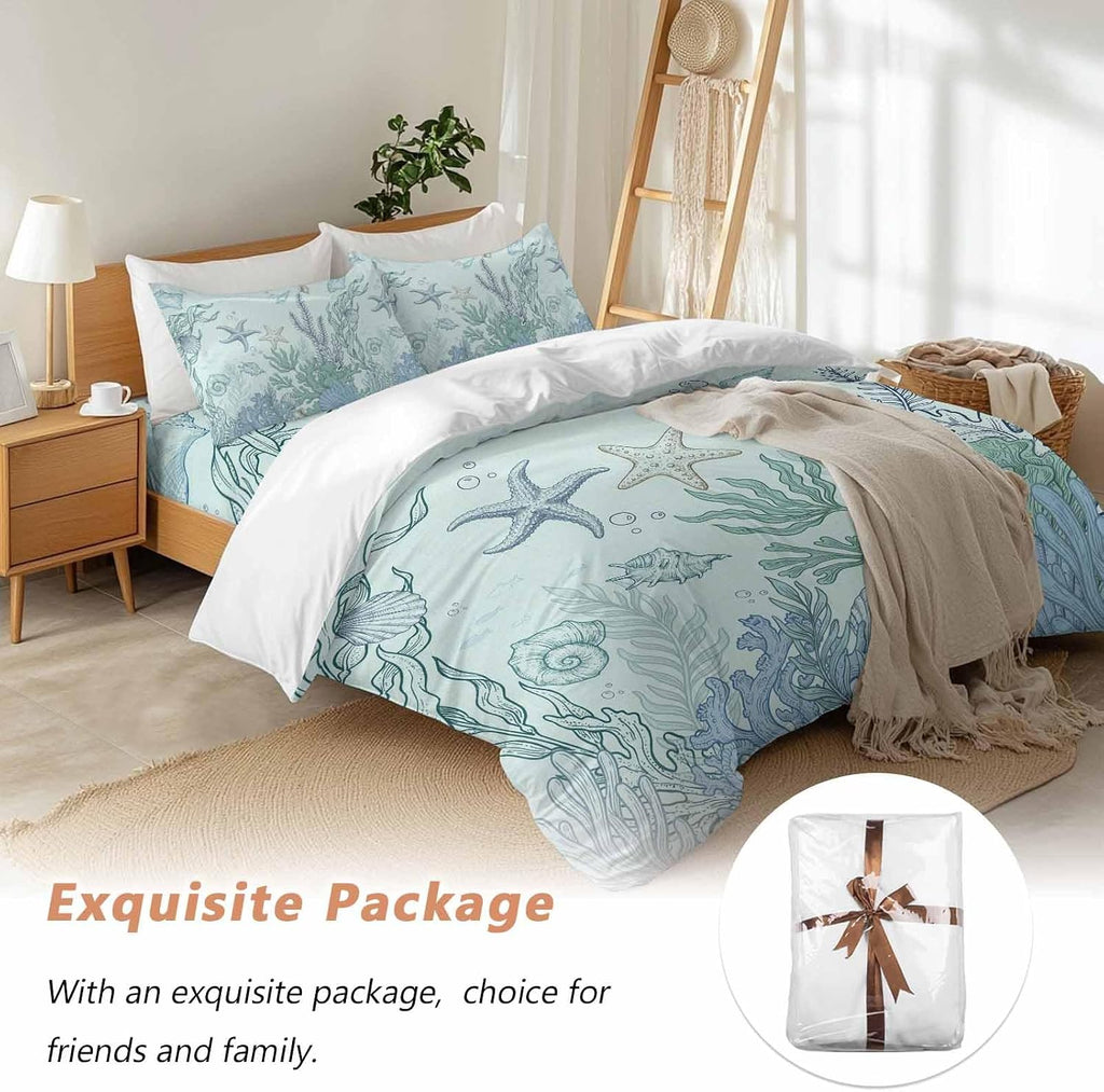 Marine Life Duvet Cover Set Queen Size 4 Pieces Starfish Coral Blue Shell Ocean Summer Green Bedding Set with Zipper Closure, 1 Comforter Cover 92x106 Inches 1 Flat Sheet & 2 Pillow Cases
