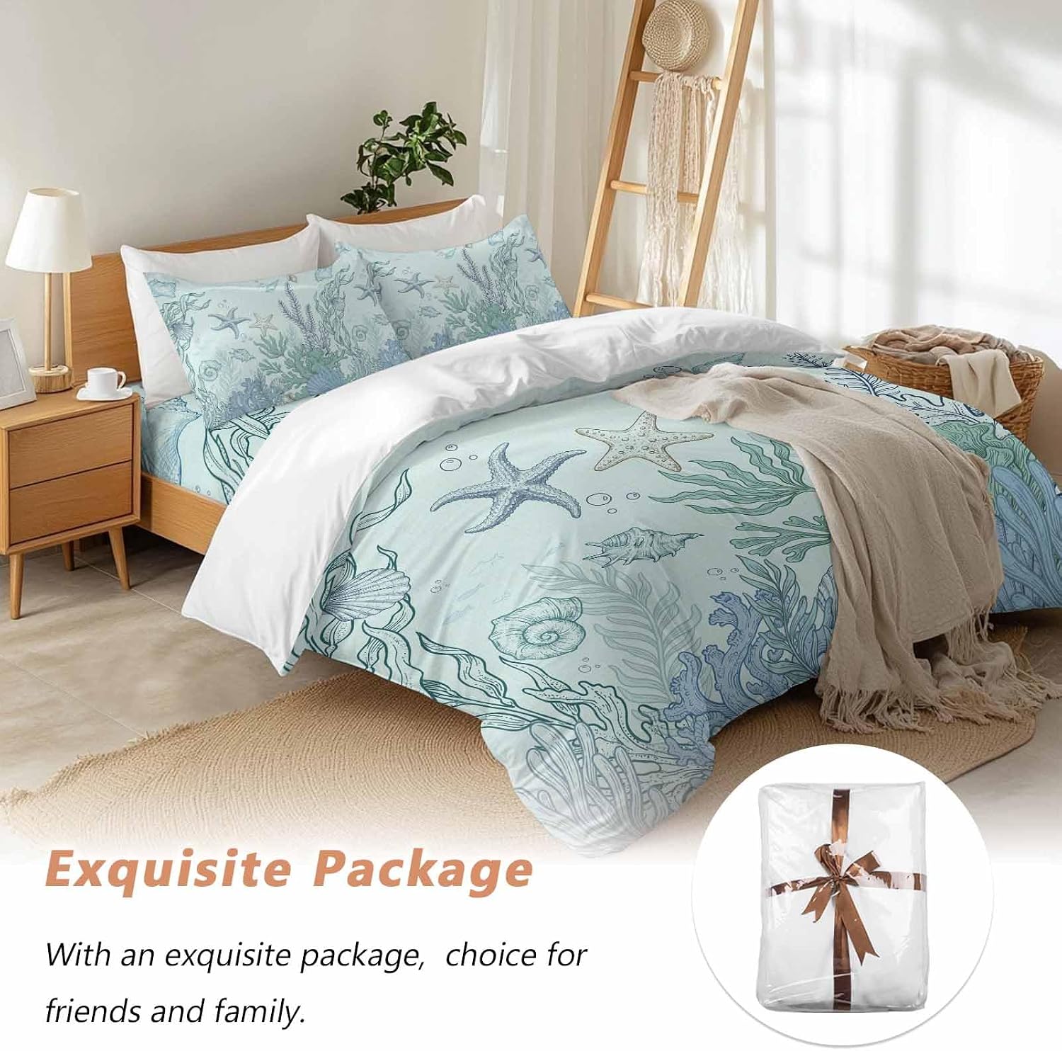 Marine Life Duvet Cover Set Queen Size 4 Pieces Starfish Coral Blue Shell Ocean Summer Green Bedding Set with Zipper Closure, 1 Comforter Cover 92x106 Inches 1 Flat Sheet & 2 Pillow Cases