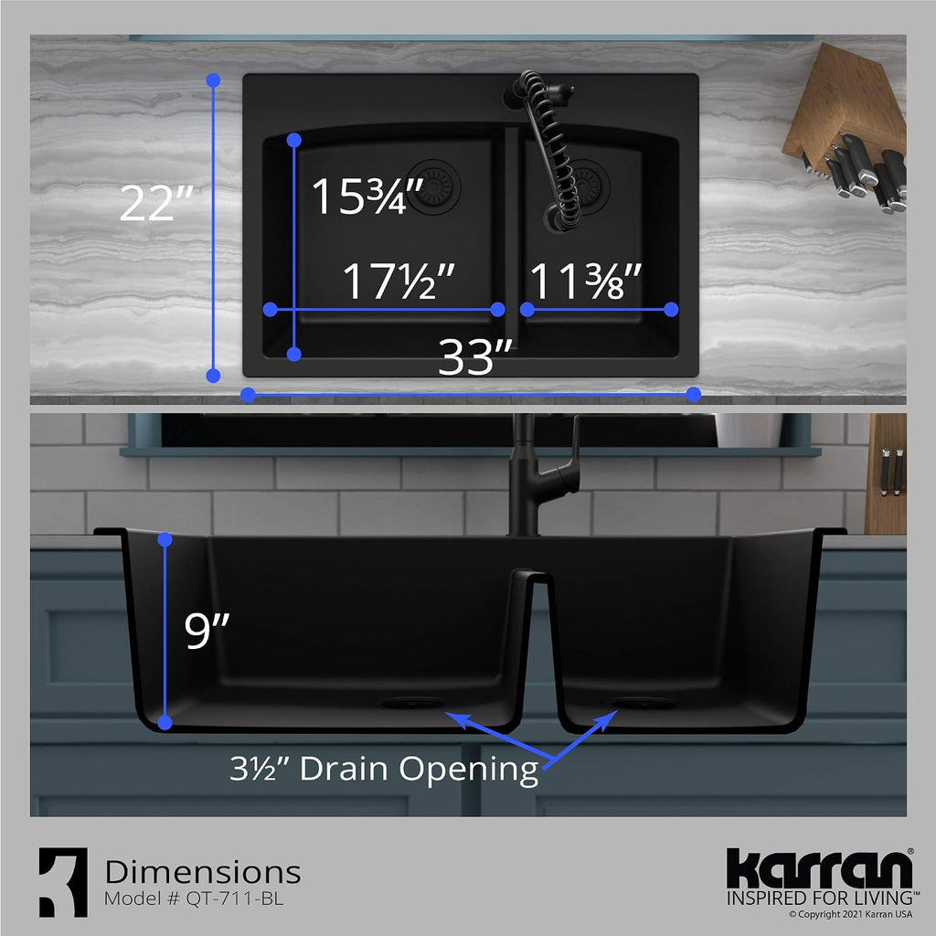 Karran QT-711 Drop-In Quartz Composite 33 in. 1-Hole 60/40 Double Bowl Kitchen Sink in Black