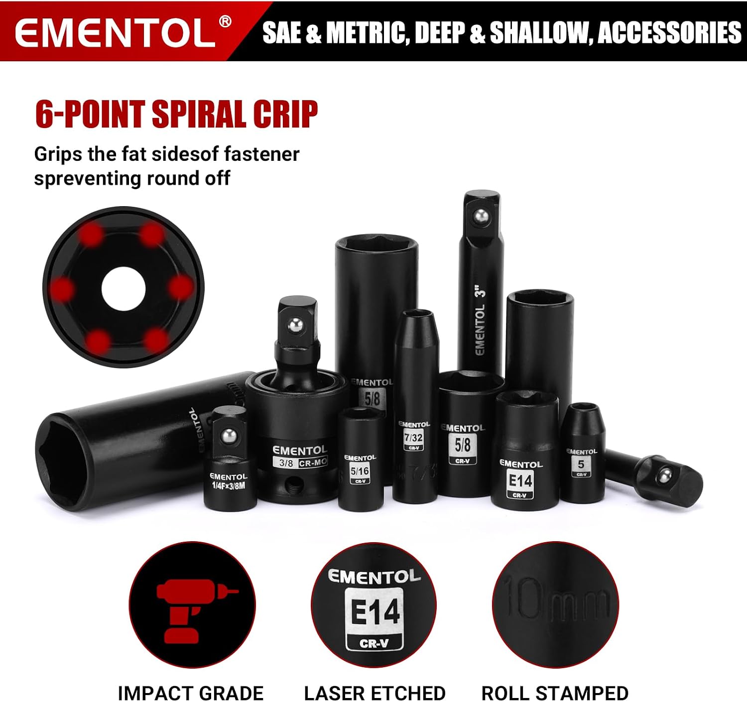 EMENTOL 189-Piece Impact Socket Set, 1/4' & 3/8' Drive Metric and SAE Sizes, CR-V Steel, Includes Deep & Shallow Sockets, Ratchets, Bits, Extensions, Spark Plug Socket & More, with Plastic Tool Case