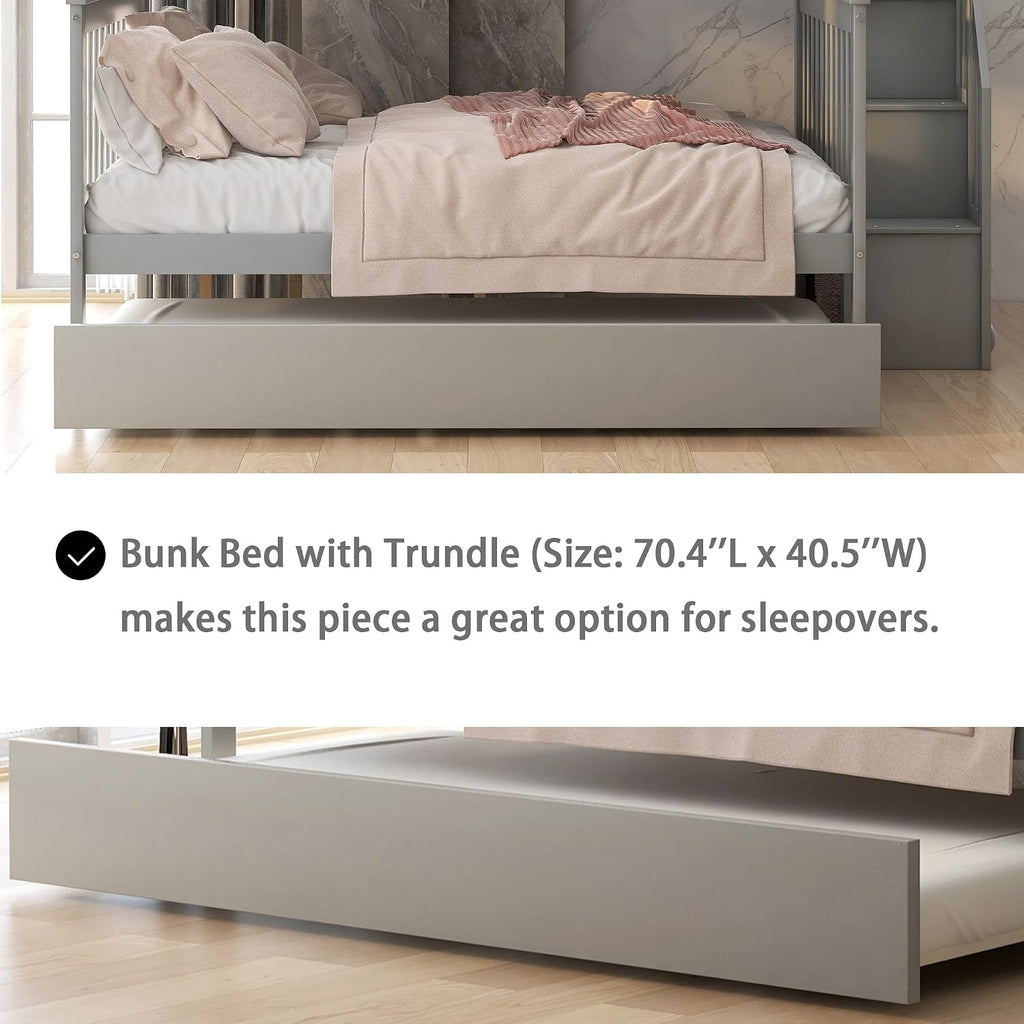 Merax Twin-Over-Full Stairway Bunk Bed with Trundle, Storage Staircase and Full Length Guardrail, Solid Wood Storage Bunk Bed with Trundle, No Spring Box Needed (Grey)