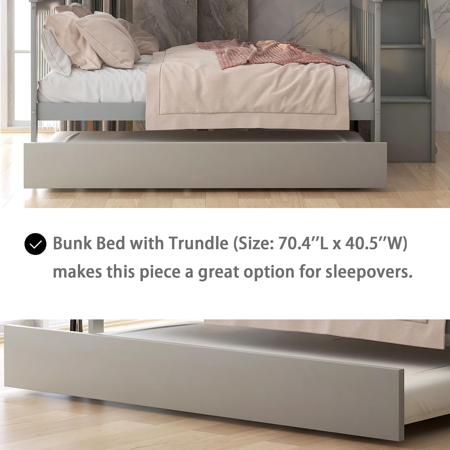 Merax Twin-Over-Full Stairway Bunk Bed with Trundle, Storage Staircase and Full Length Guardrail, Solid Wood Storage Bunk Bed with Trundle, No Spring Box Needed (Grey)