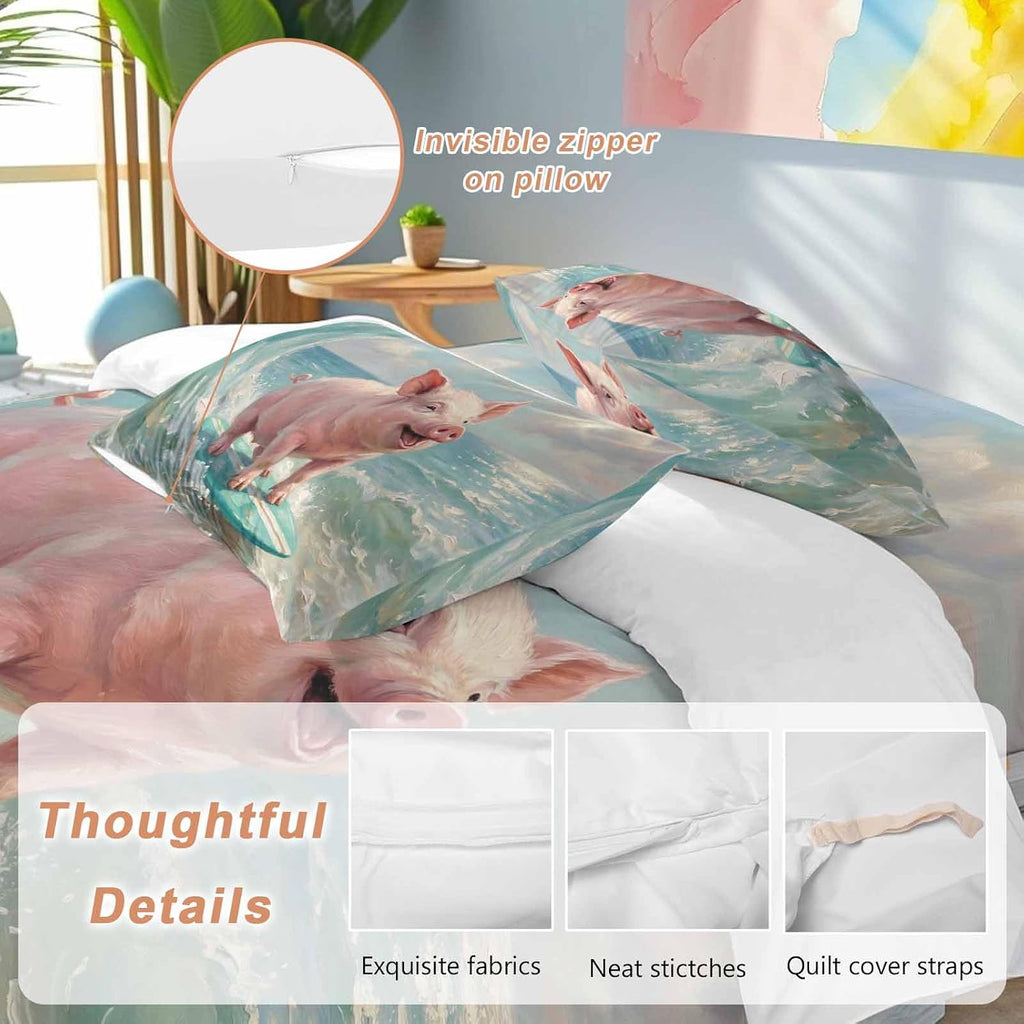 Summer Ocean Duvet Cover Set Queen Size 4 Pieces Watercolor Funny Pig Teal Surfboard Coastal Wave Bedding Set with Zipper Closure, 1 Comforter Cover 92x106 Inches 1 Flat Sheet & 2 Pillow Cases