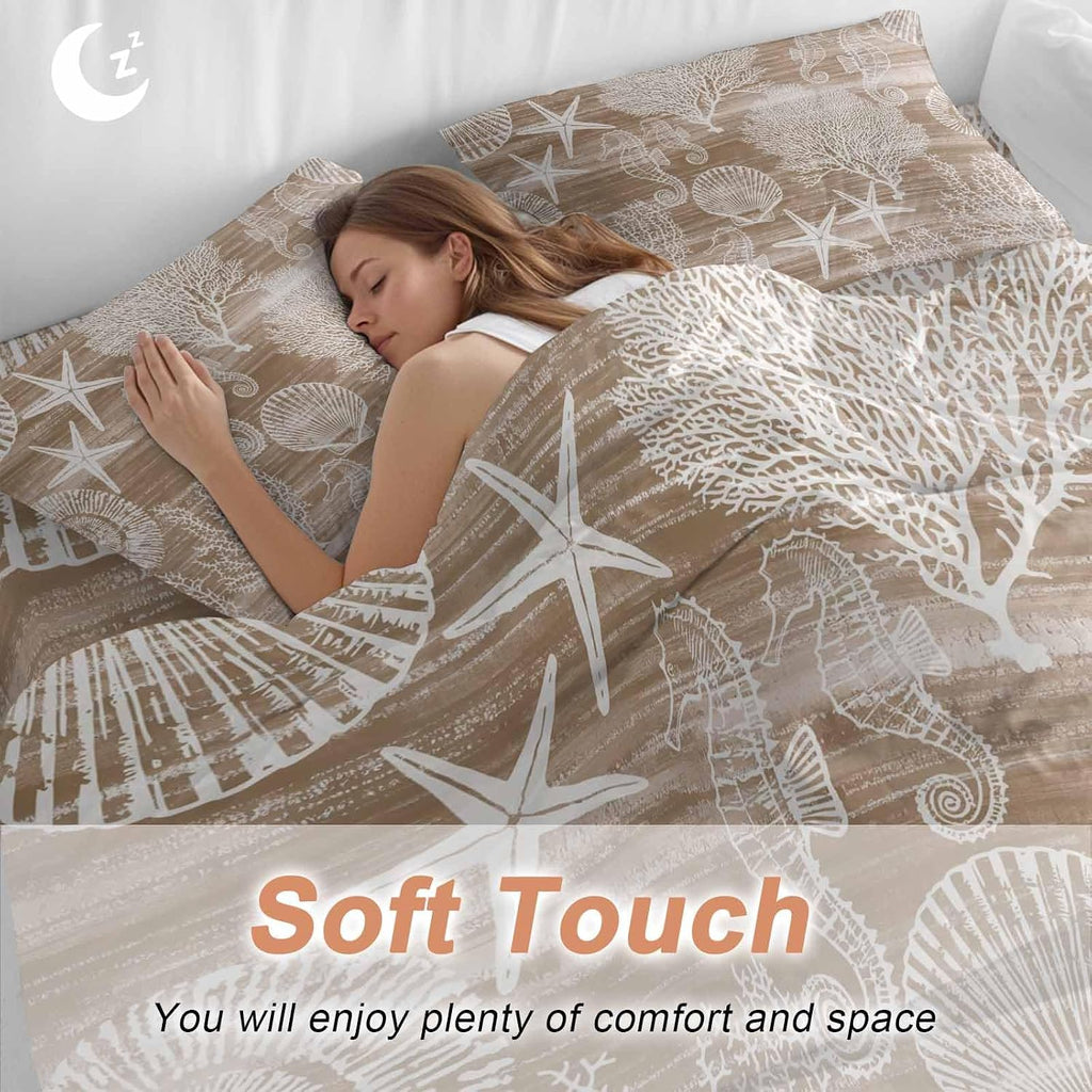 Prime Leader Brown Coastal Duvet Cover Set Queen Size 4 Pieces Nautical Starfish Seahorse Coral Summer Bedding Set with Zipper Closure, 1 Comforter Cover 92x106 Inches 1 Flat Sheet & 2 Pillow Cases