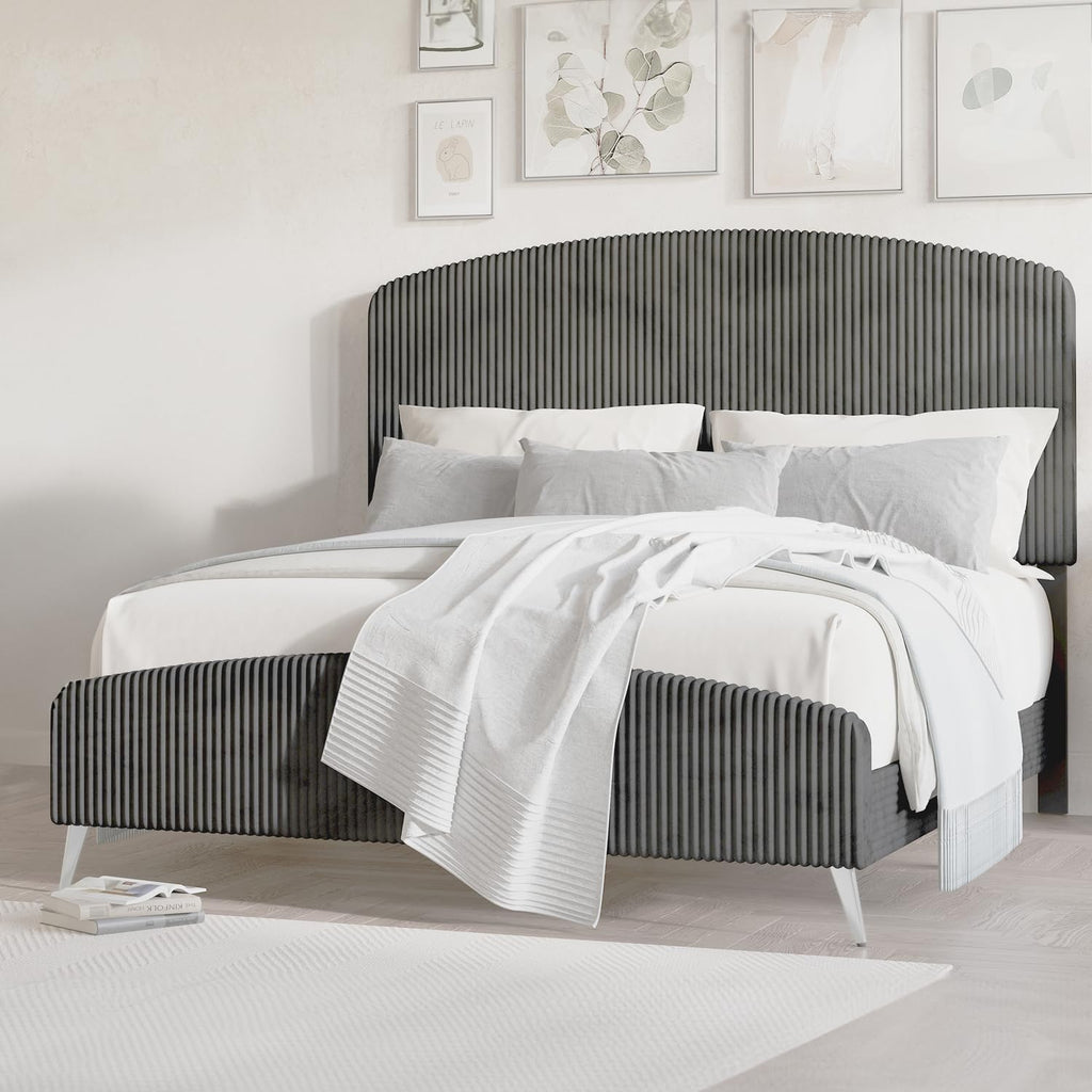 HomeStock Velvet Upholstered Panel Bed - Modern Bedroom Furniture - Gray Queen