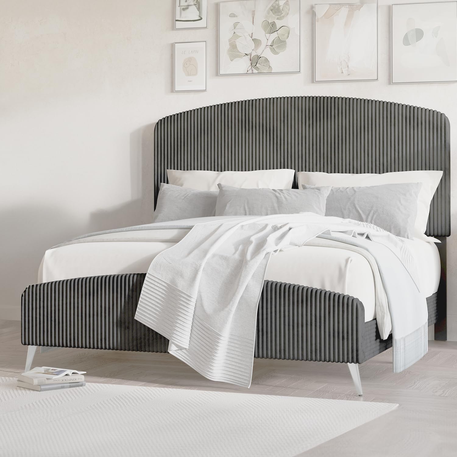 HomeStock Velvet Upholstered Panel Bed - Modern Bedroom Furniture - Gray Queen