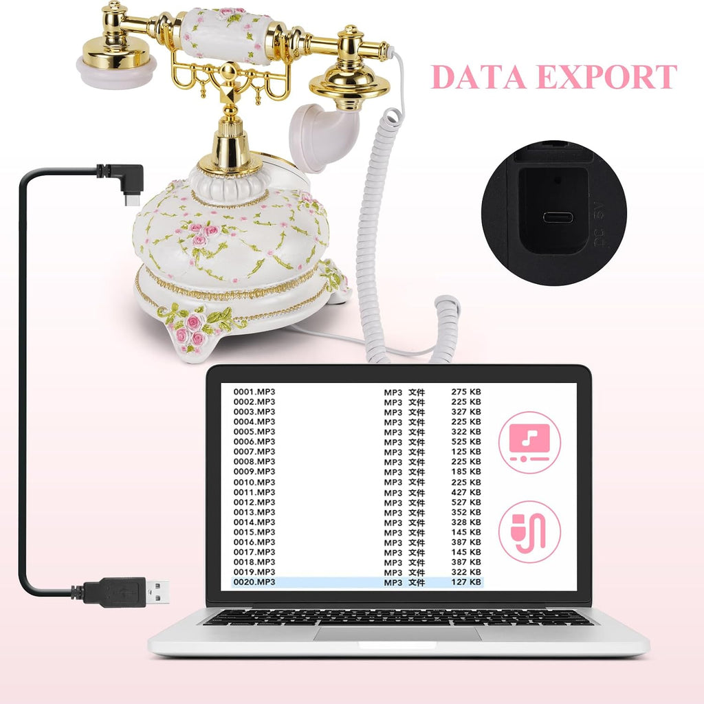 Audio Guest Book Phone, 32G Capacity Vintage Audio GuestBook Wedding Phone, Retro Audio Telephone Recording Customized Voice Message for Your Wedding Party, Retro Flower