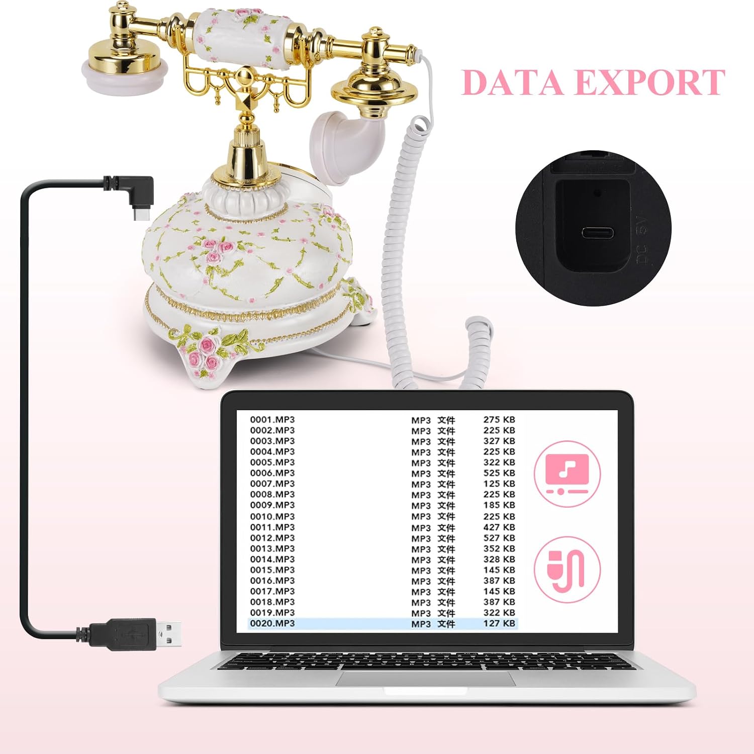 Audio Guest Book Phone, 32G Capacity Vintage Audio GuestBook Wedding Phone, Retro Audio Telephone Recording Customized Voice Message for Your Wedding Party, Retro Flower