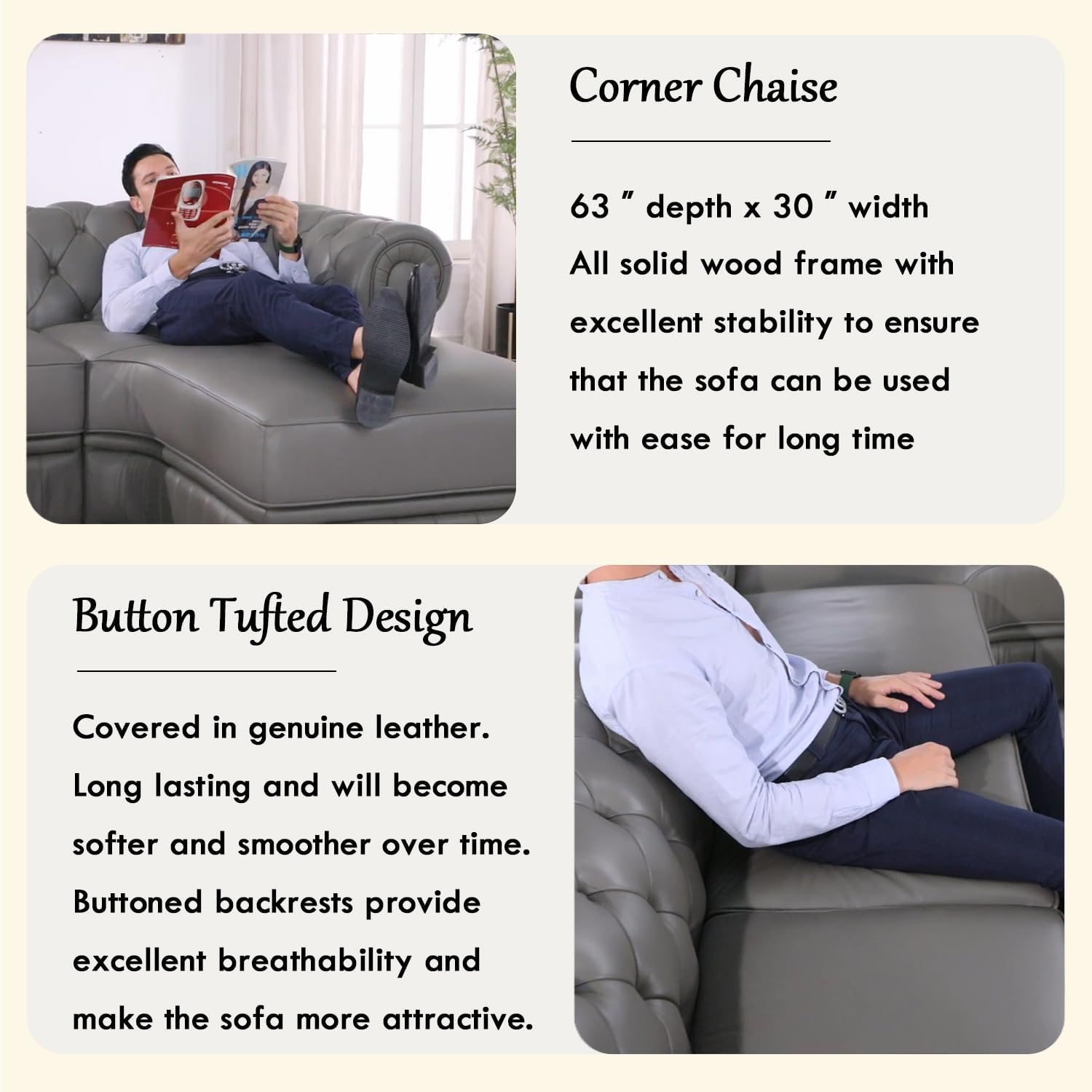 Genuine Leather Sectional Couch, L Shape Top Grain Leather Sofa with 5 Seaters for Living Room Furniture Set, Chesterfield Couches with Button Tufted Design for House/Lounge,Gray