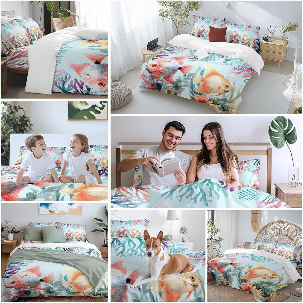 Summer Fish Duvet Cover Set Queen Size 4 Pieces Nautical Watercolor Orange Red Marine Life Coral Seaweed Bedding Set with Zipper Closure, 1 Comforter Cover 92x106 Inches 1 Flat Sheet & 2 Pillow Cases