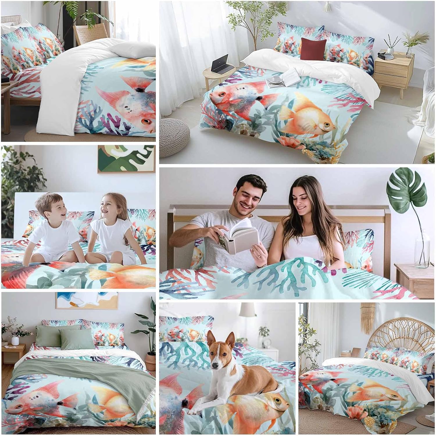 Summer Fish Duvet Cover Set Queen Size 4 Pieces Nautical Watercolor Orange Red Marine Life Coral Seaweed Bedding Set with Zipper Closure, 1 Comforter Cover 92x106 Inches 1 Flat Sheet & 2 Pillow Cases