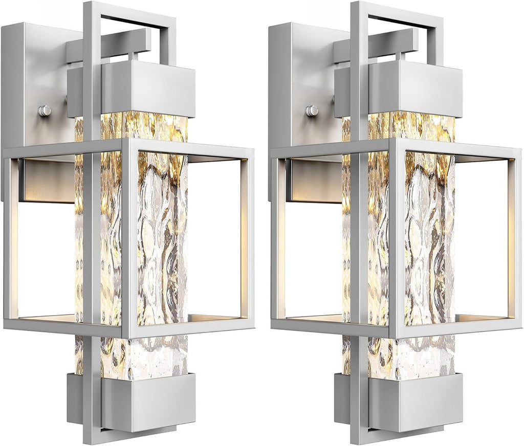 PARTPHONER Modern Outdoor Light Fixtures Dusk to Dawn Outdoor Lighting 2 Pack, 15' Exterior Wall Sconce Waterproof Outside Porch Light for House with Water Glass for Garage Doorway Silver