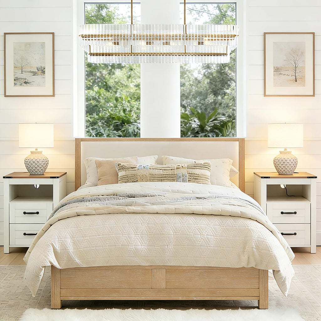 Farmhouse Night Stand Set of 2, Rustic White Nightstand for Bedroom, End Tables with Charging Station, Bedside Table with Drawers, Wood Bedside Cabinet Dresser