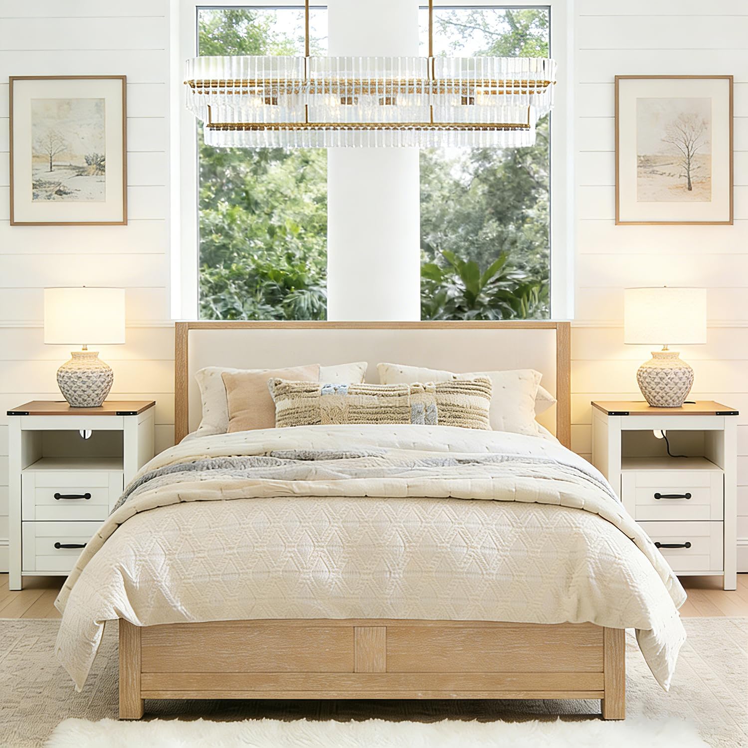 Farmhouse Night Stand Set of 2, Rustic White Nightstand for Bedroom, End Tables with Charging Station, Bedside Table with Drawers, Wood Bedside Cabinet Dresser
