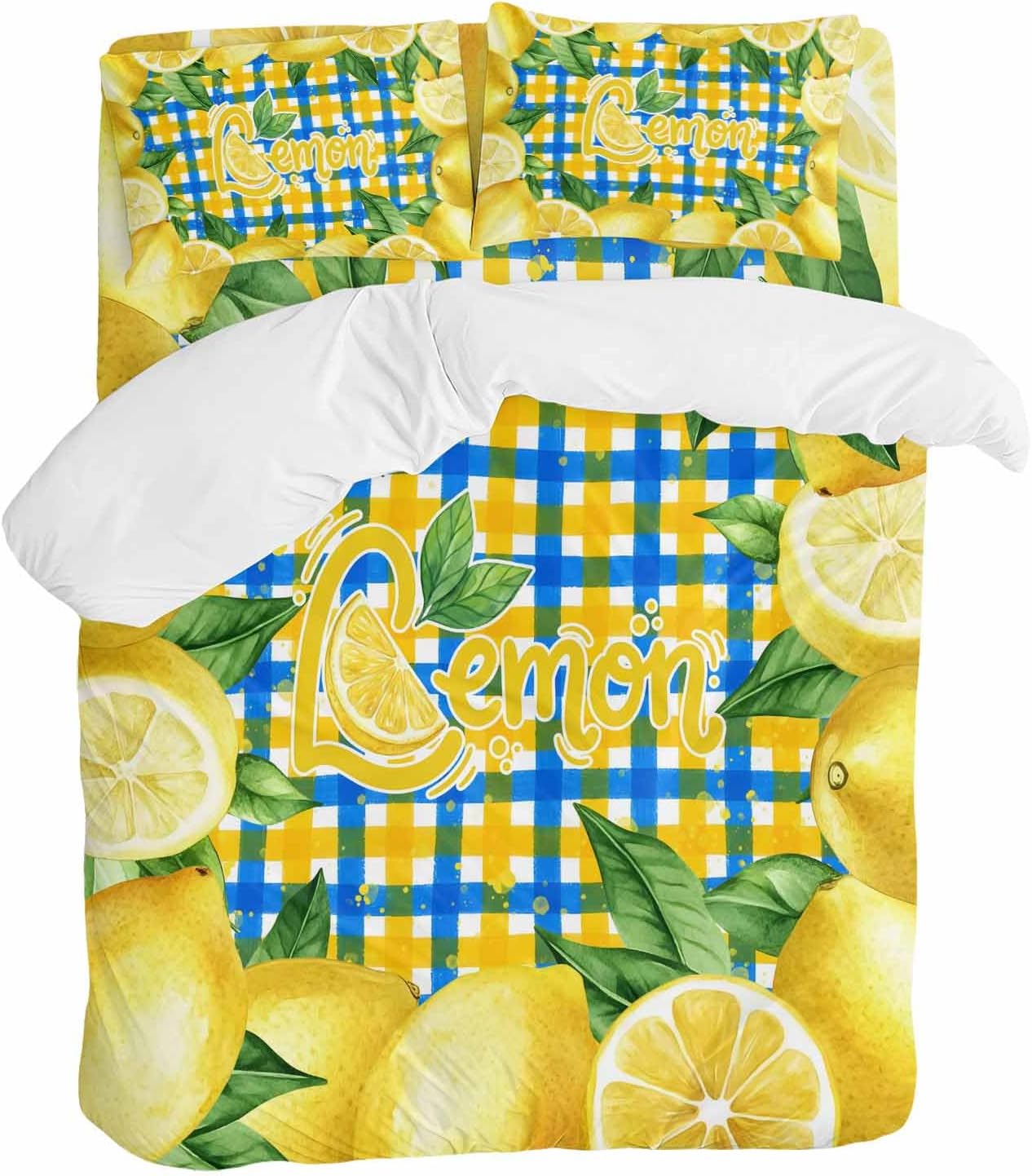Summer Fruit Duvet Cover Set Queen Size 4 Pieces Watercolor Lemon Frame Letter Print Blue Yellow Plaid Bedding Set with Zipper Closure, 1 Comforter Cover 92x106 Inches 1 Flat Sheet & 2 Pillow Cases