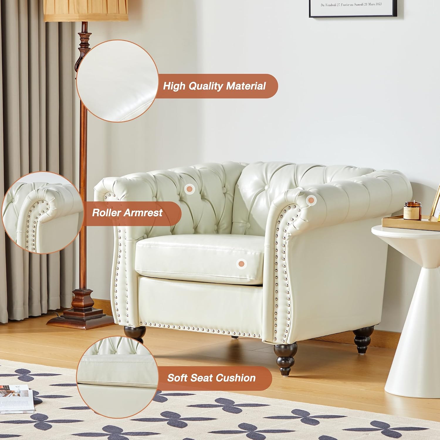 QHITTY 2 Piece Living Room Set, Sectional Chesterfield Sofa Chair Contemporary Upholstered Leather Loveseat Couch Sets for Living Room, Bedroom, Office (White)