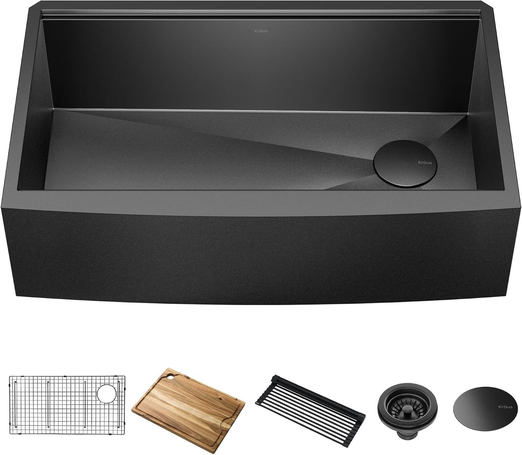 KRAUS Kore Workstation 33-inch Farmhouse Apron Front 16 Gauge Black Stainless Steel Single Bowl Kitchen Sink in PVD Gunmetal Finish with Accessories, KWF210-33/PGM