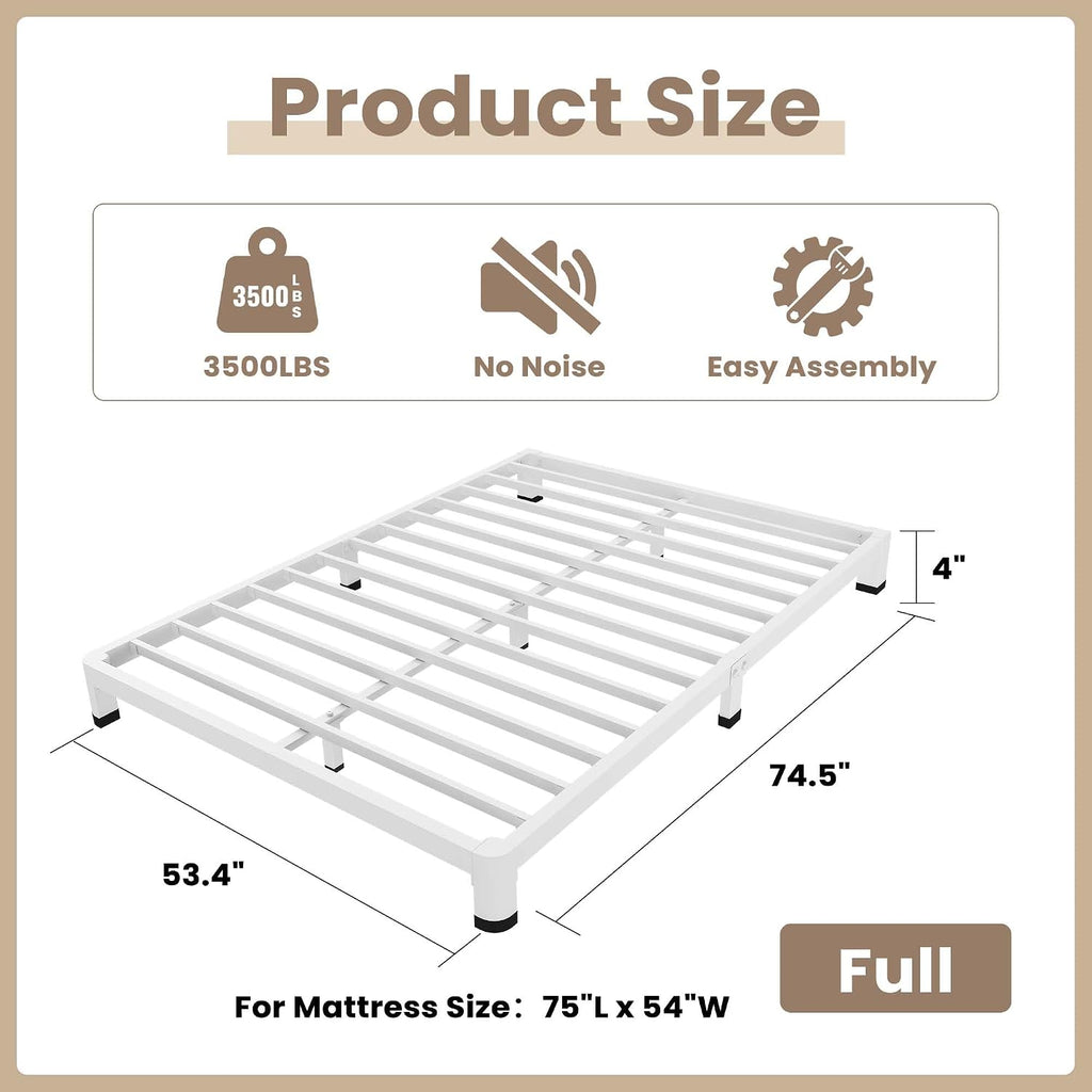 ROIL 4 Inch White Full Bed Frame with Rounded Corner and Mattress Retainers, 3500LBS Heavy Duty Steel Slats No Box Spring Needed Platform Noise-Free Easy Assembly