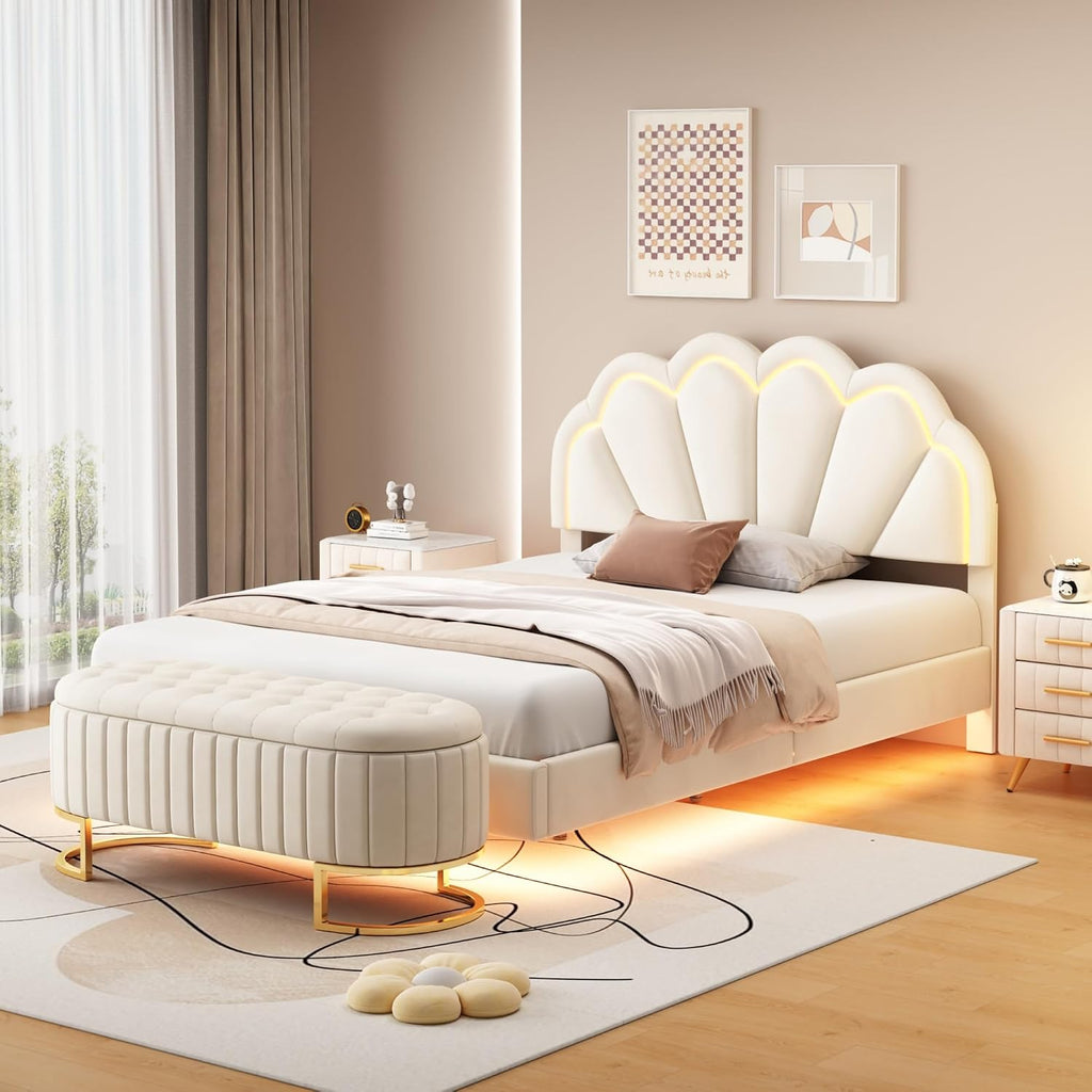 Velvet Full Size Upholstered LED Platform Bed with Storage Ottoman, 2-Pieces Bedroom Sets, Elegant Floating Platform Bed with LED Flowers-Shaped Headboard (Beige-2PF)