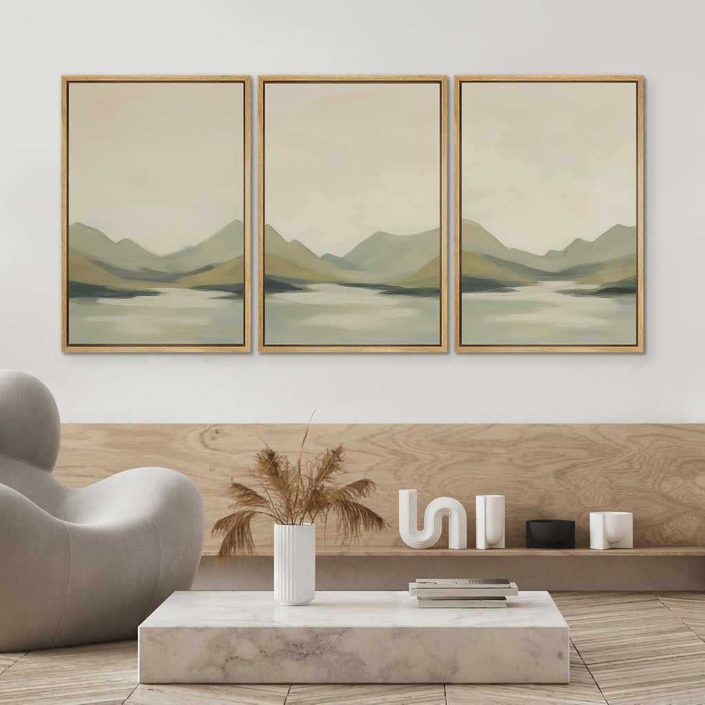 SIGNWIN Framed Canvas Print Wall Art Set Calm Mountain Lake Landscape Minimalist Neutral Illustrations Modern Colorful Ultra for Living Room, Bedroom, Office - 24'x36'x3 Natural