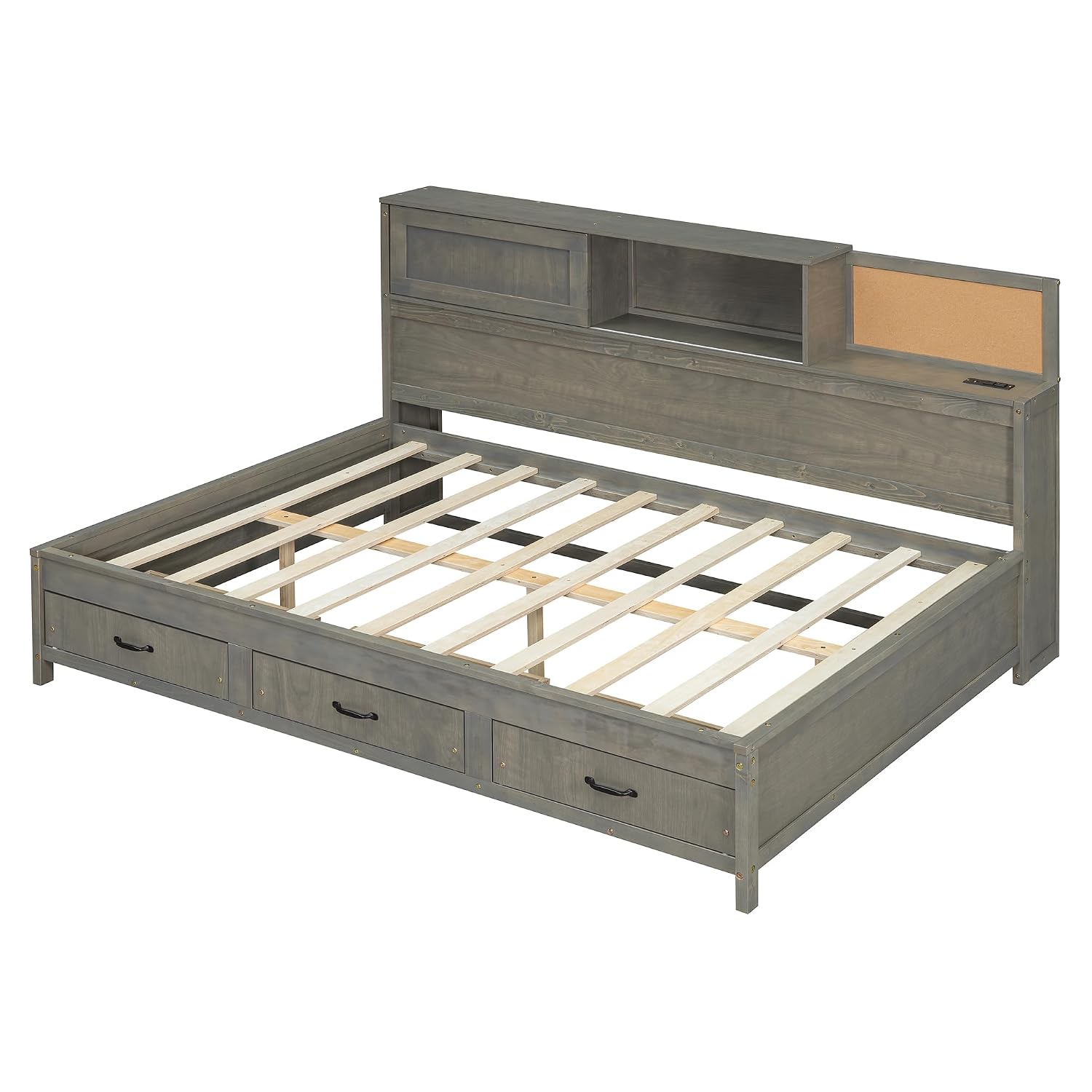 Ball & Cast Full Size Wooden Daybed with 3 Storage Drawers and Upper Soft Board,Versatile Day Bed w/a Set of Sockets & USB Ports,Bedroom Furniture for Apartment,Guest Room,Gray